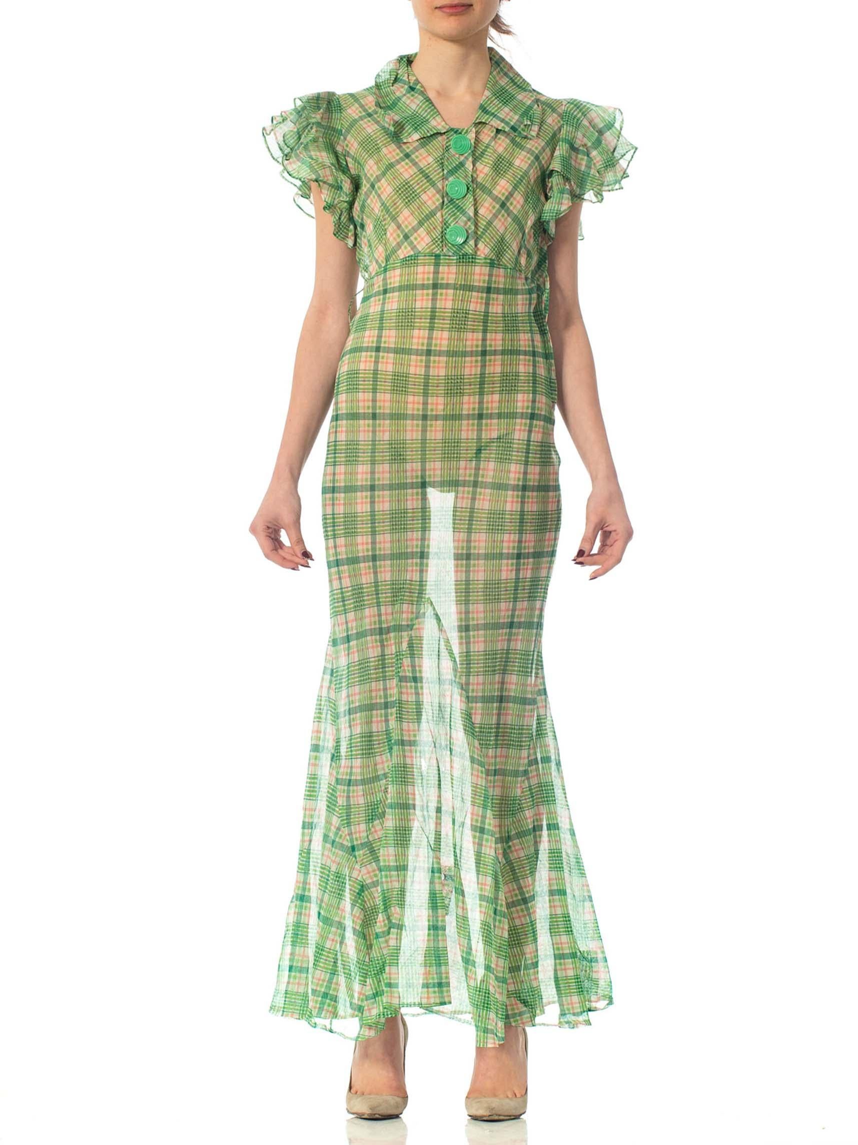 1930S Green Bias Cut Cotton Organdy Plaid Dress With Ruffle Cap Sleeves & Deco Plastic Buttons