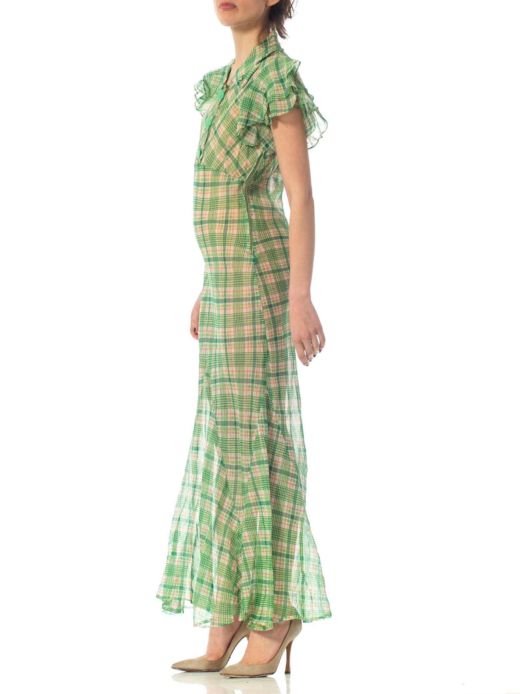Brown 1930S Green Bias Cut Cotton Organdy Plaid Dress With Ruffle Cap Sleeves & Deco 