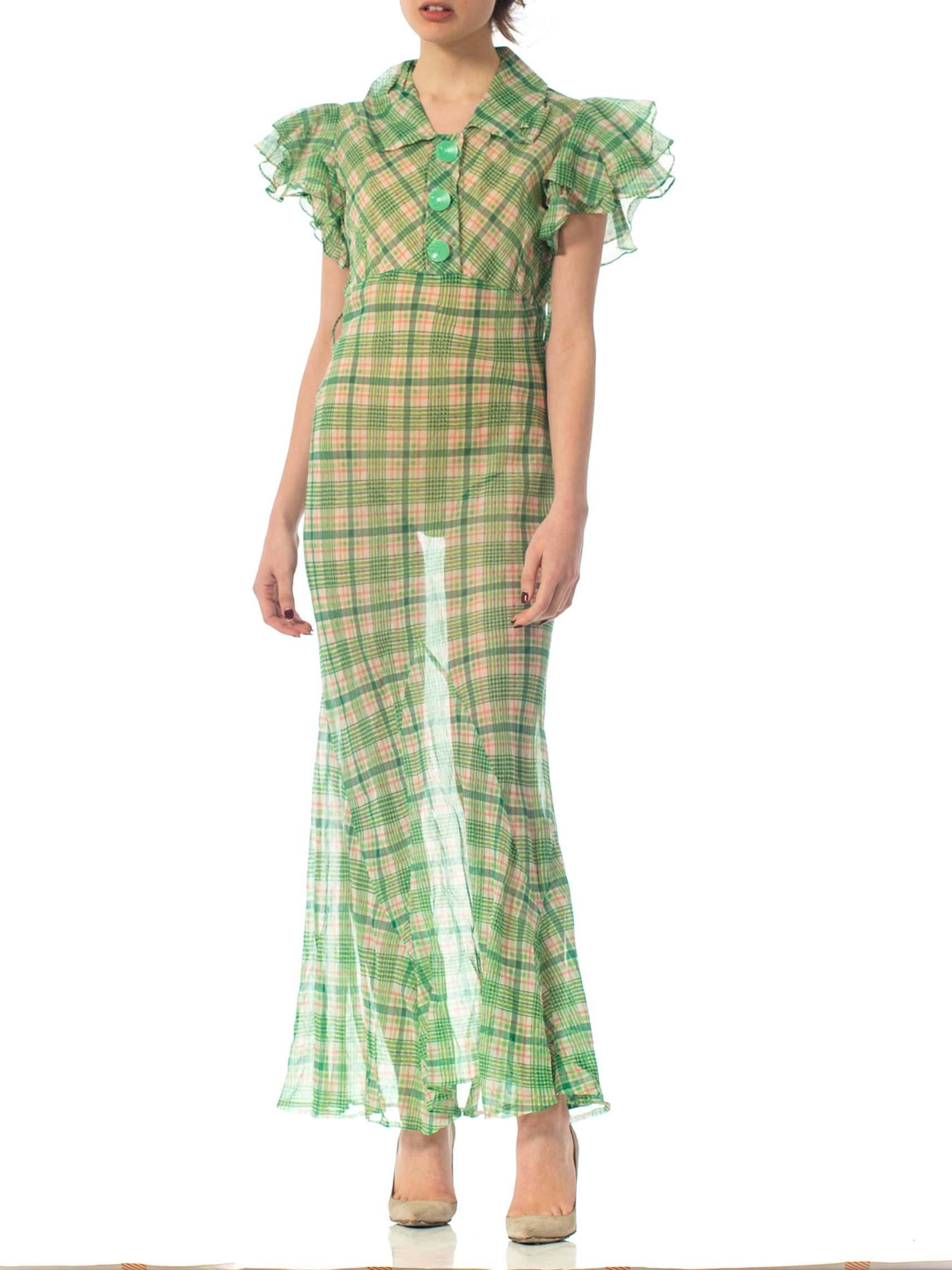 Women's 1930S Green Bias Cut Cotton Organdy Plaid Dress With Ruffle Cap Sleeves & Deco 