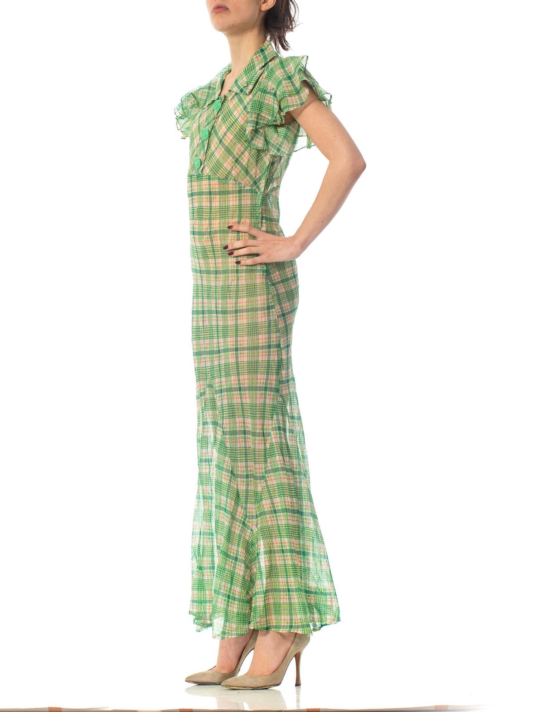 1930S Green Bias Cut Cotton Organdy Plaid Dress With Ruffle Cap Sleeves & Deco  2