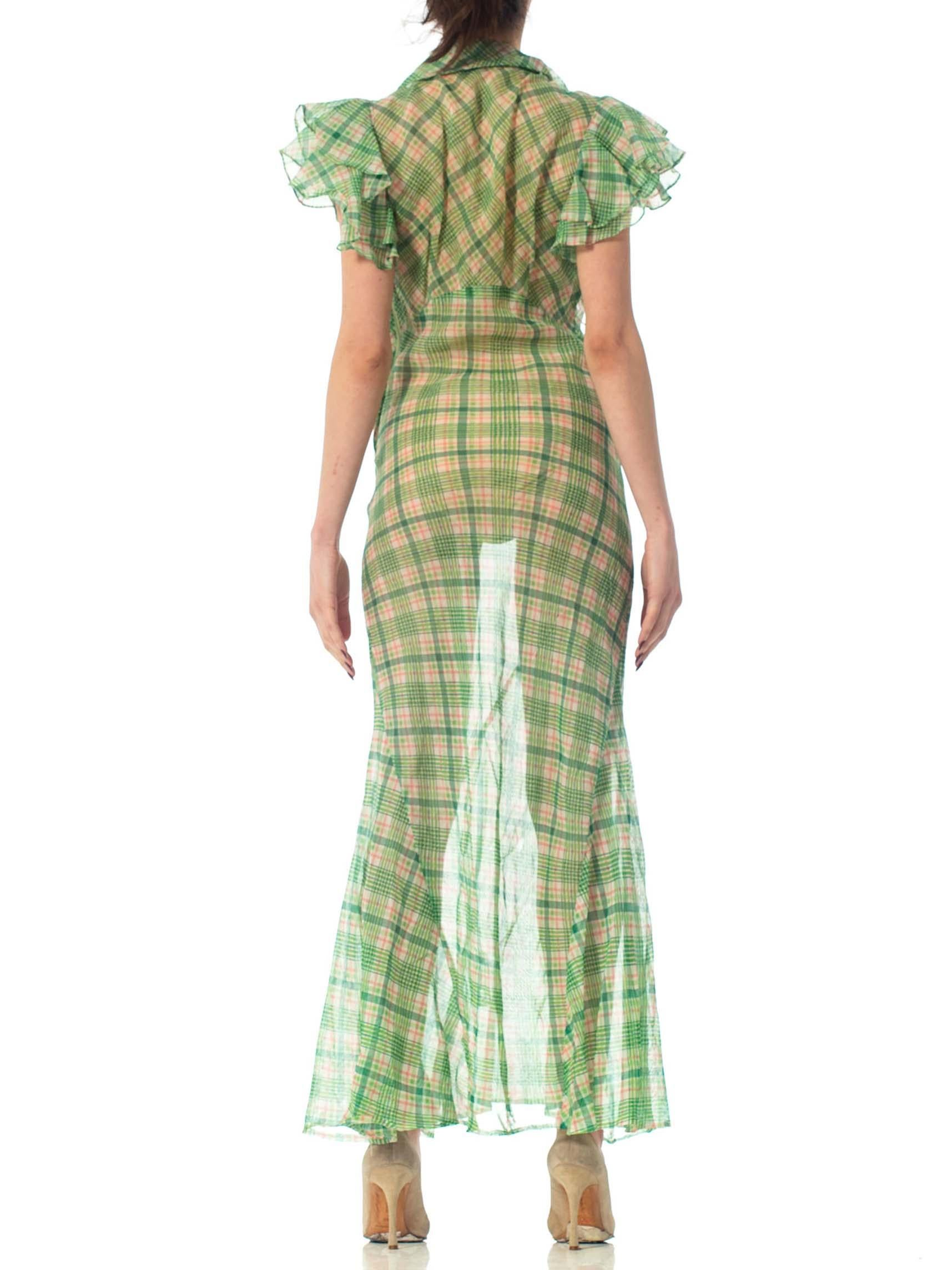 1930S Green Bias Cut Cotton Organdy Plaid Dress With Ruffle Cap Sleeves & Deco  3