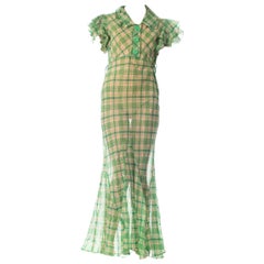 1930S Green Bias Cut Cotton Organdy Plaid Dress With Ruffle Cap Sleeves & Deco