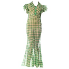 1930S Green Bias Cut Cotton Organdy Plaid Dress With Ruffle Cap Sleeves & Deco 