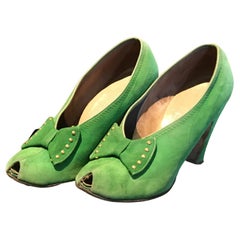 1930s Green Suede Peep Toe Heels