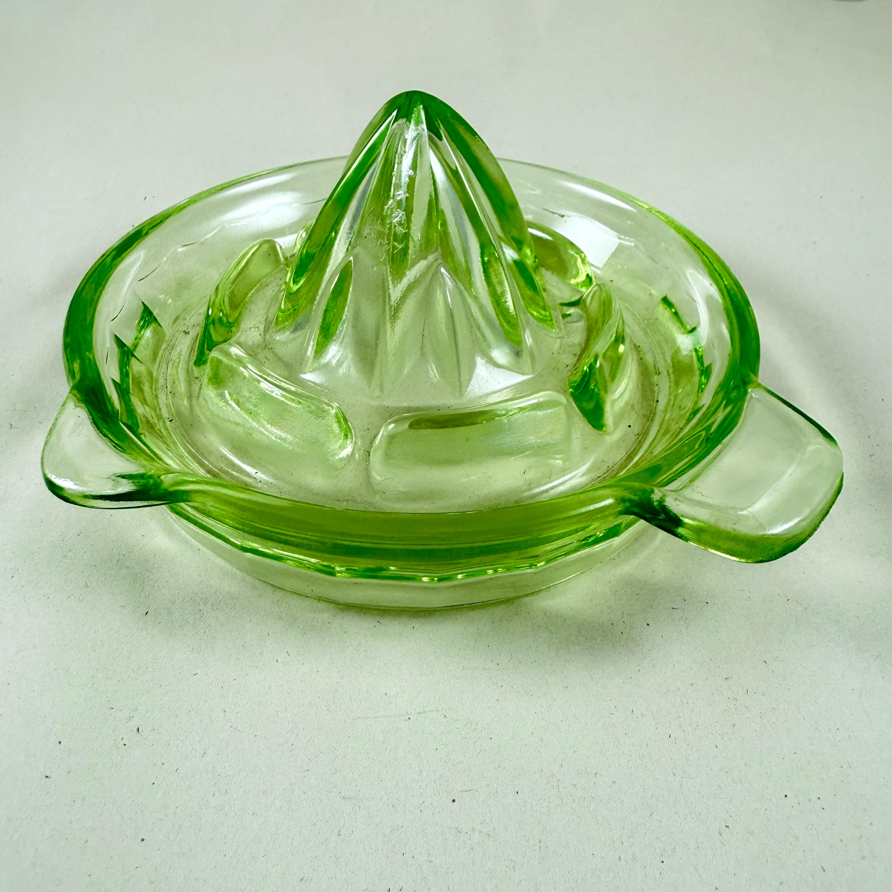 Art Deco 1930s Green Uranium Glass Citrus Reamer or Juicer For Sale