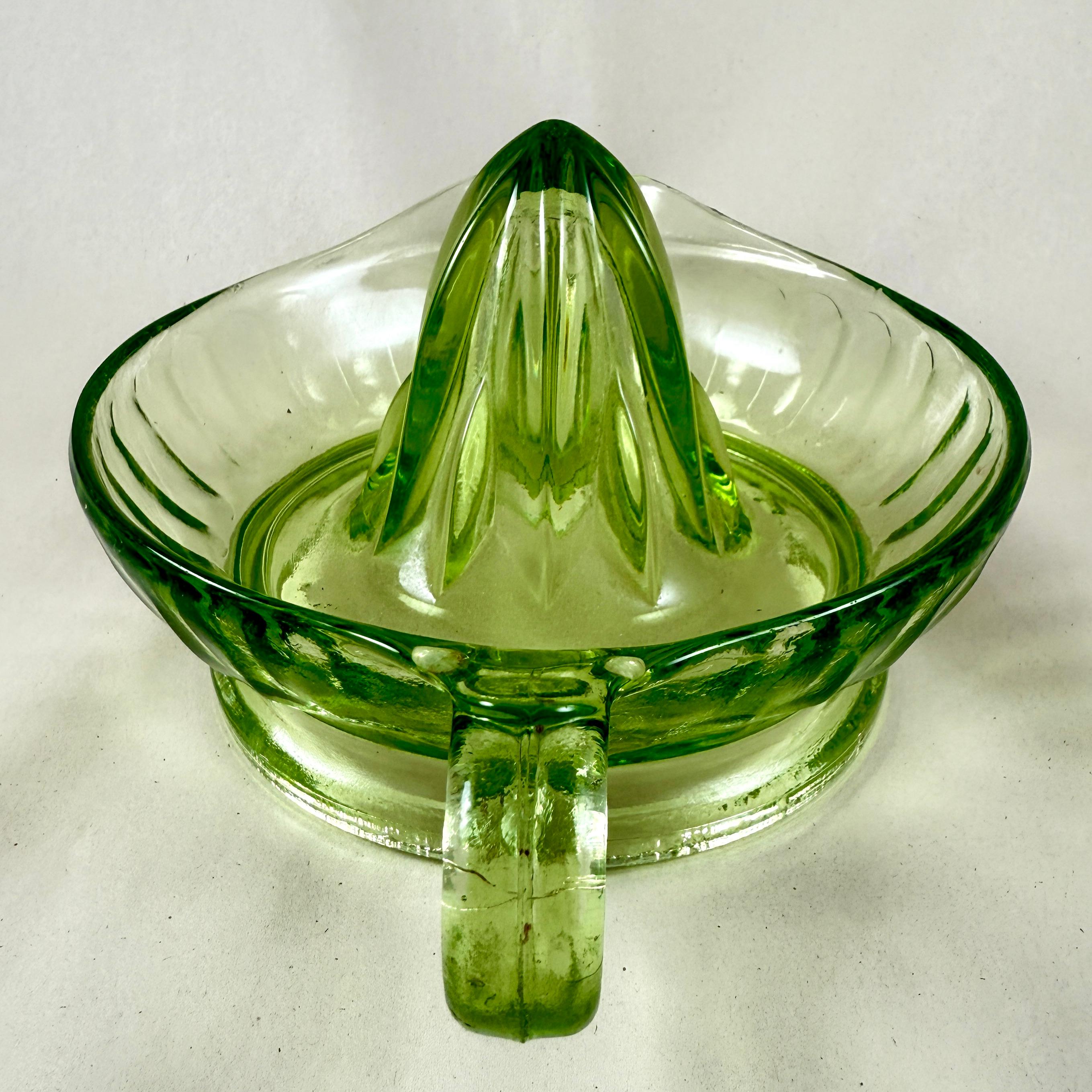 Art Deco 1930s Green Uranium Glass Citrus Reamer or Juicer For Sale