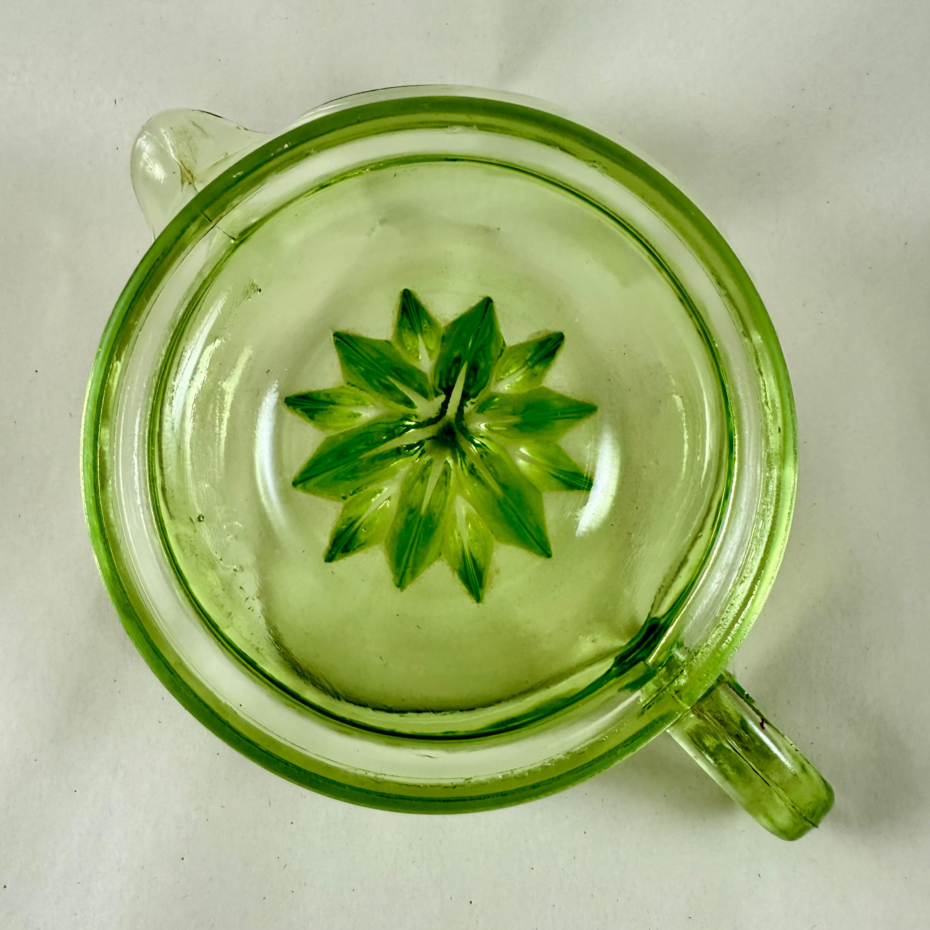 American 1930s Green Uranium Glass Citrus Reamer or Juicer For Sale