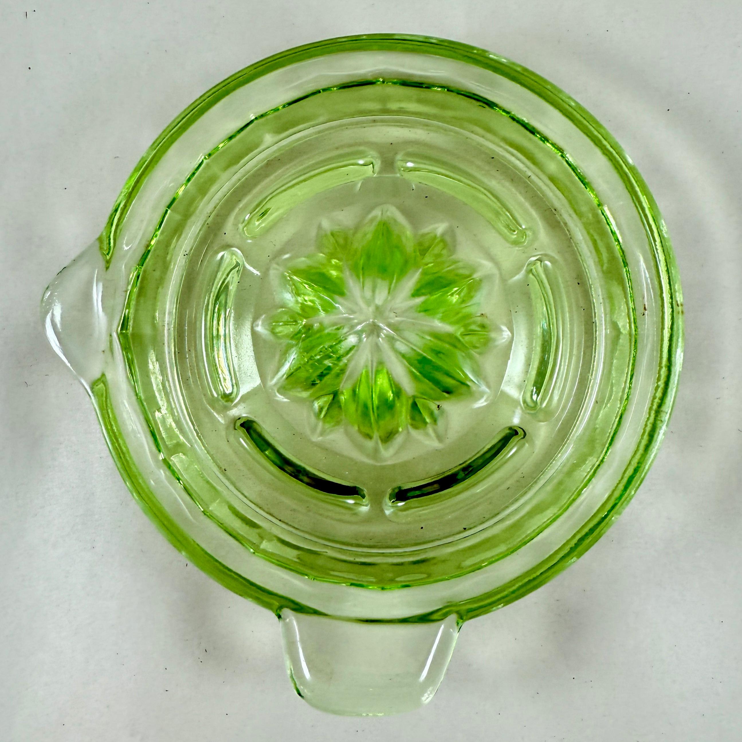 Pressed 1930s Green Uranium Glass Citrus Reamer or Juicer For Sale