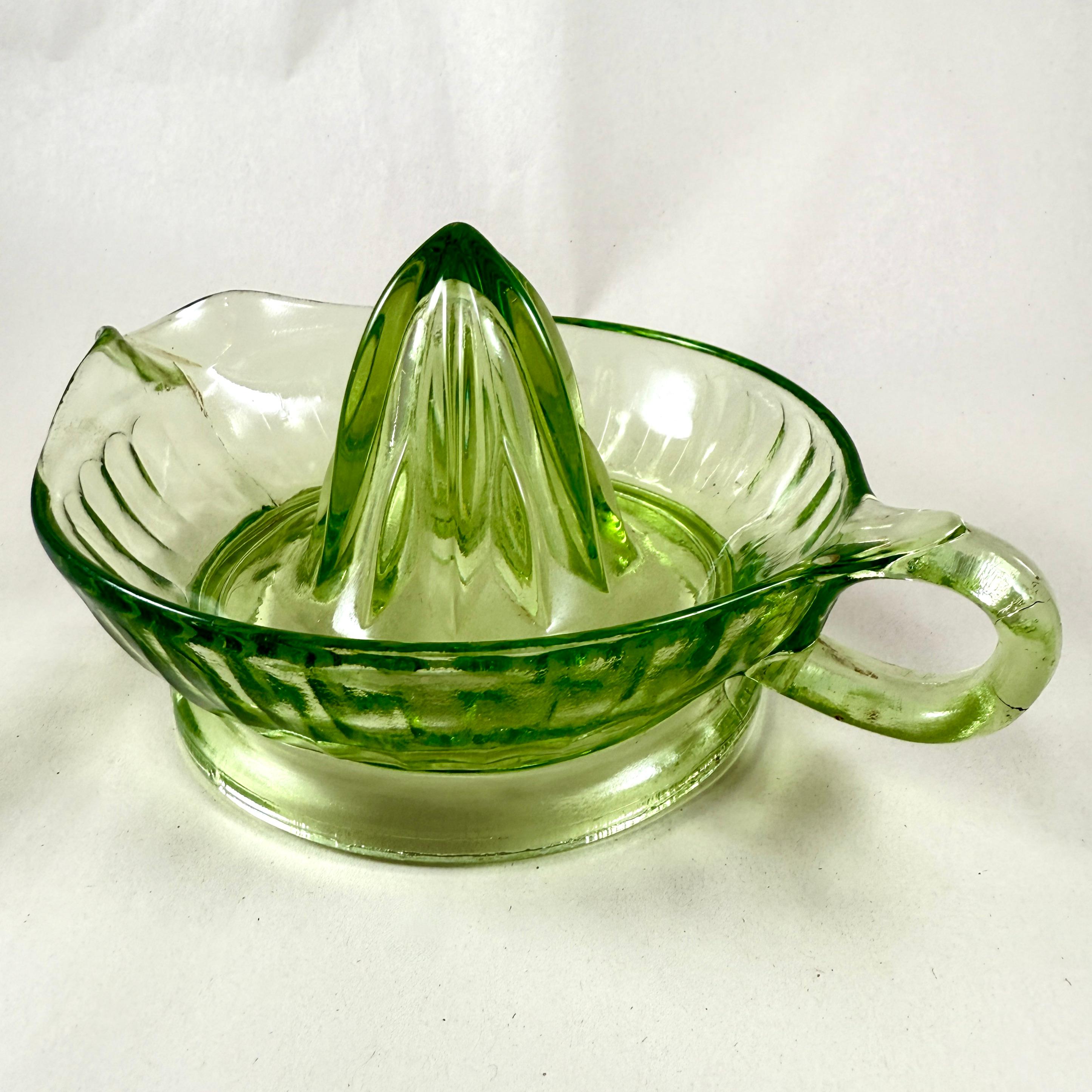 Pressed 1930s Green Uranium Glass Citrus Reamer or Juicer For Sale
