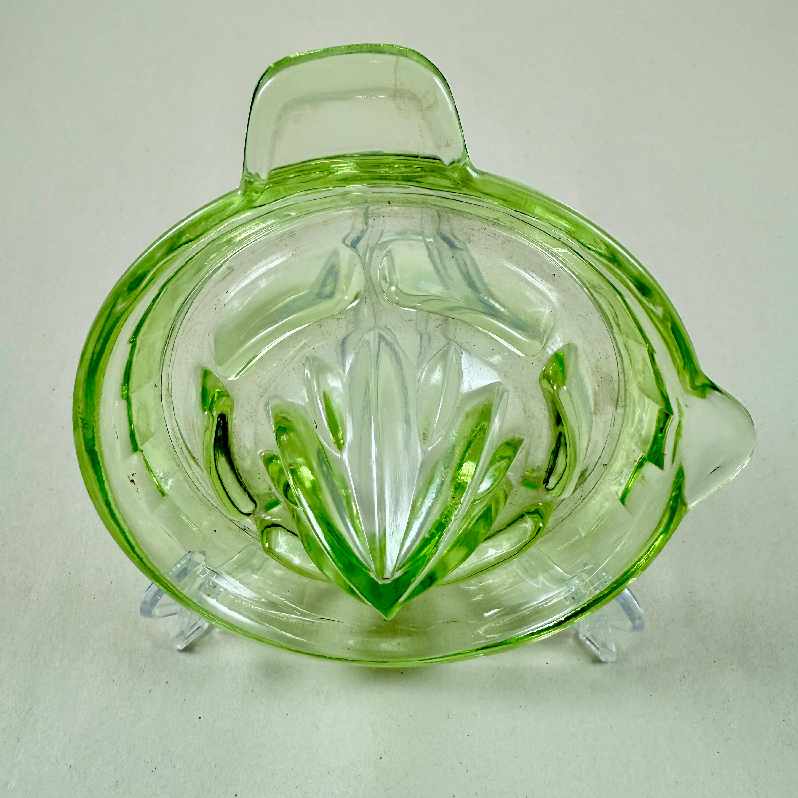 Mid-20th Century 1930s Green Uranium Glass Citrus Reamer or Juicer For Sale