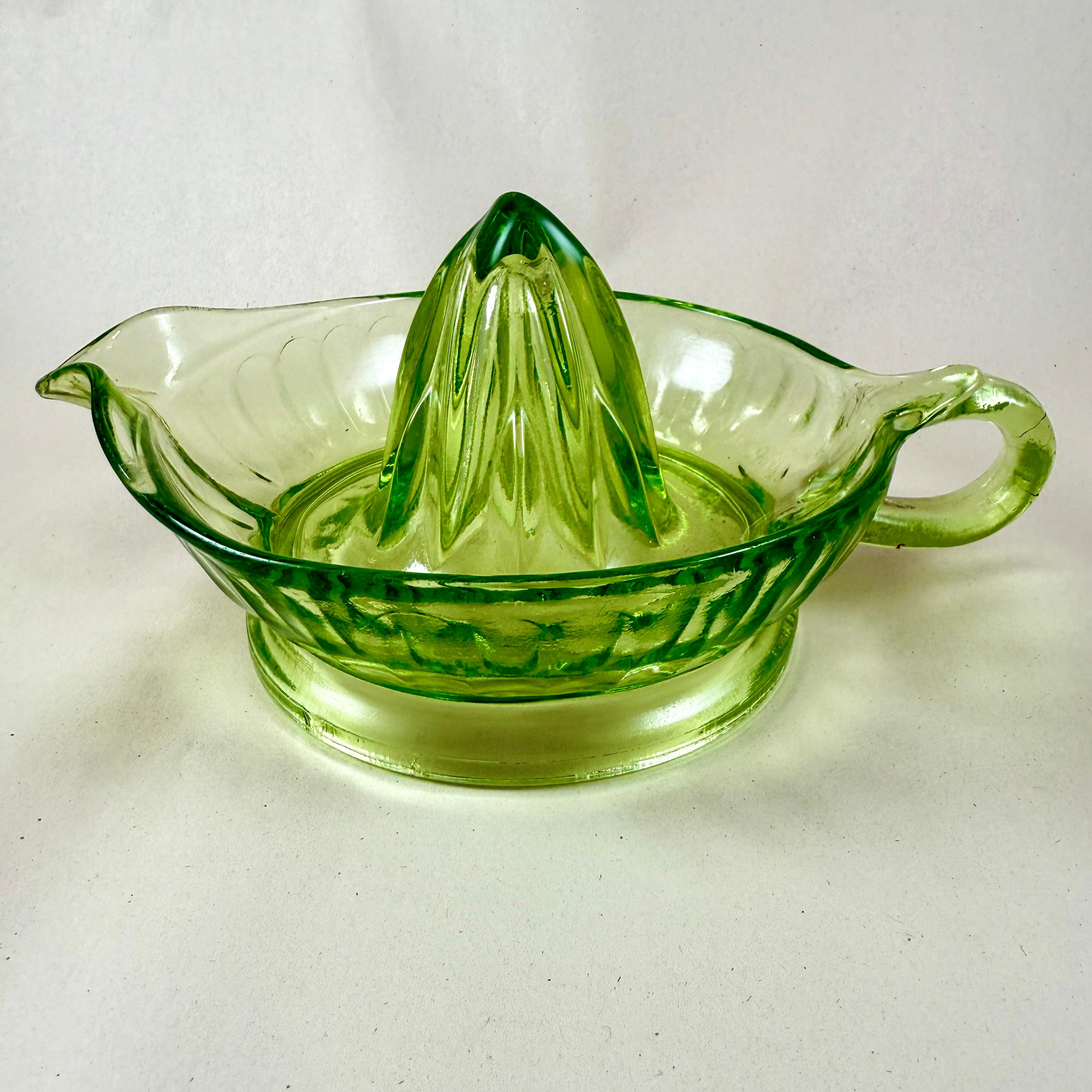Mid-20th Century 1930s Green Uranium Glass Citrus Reamer or Juicer For Sale