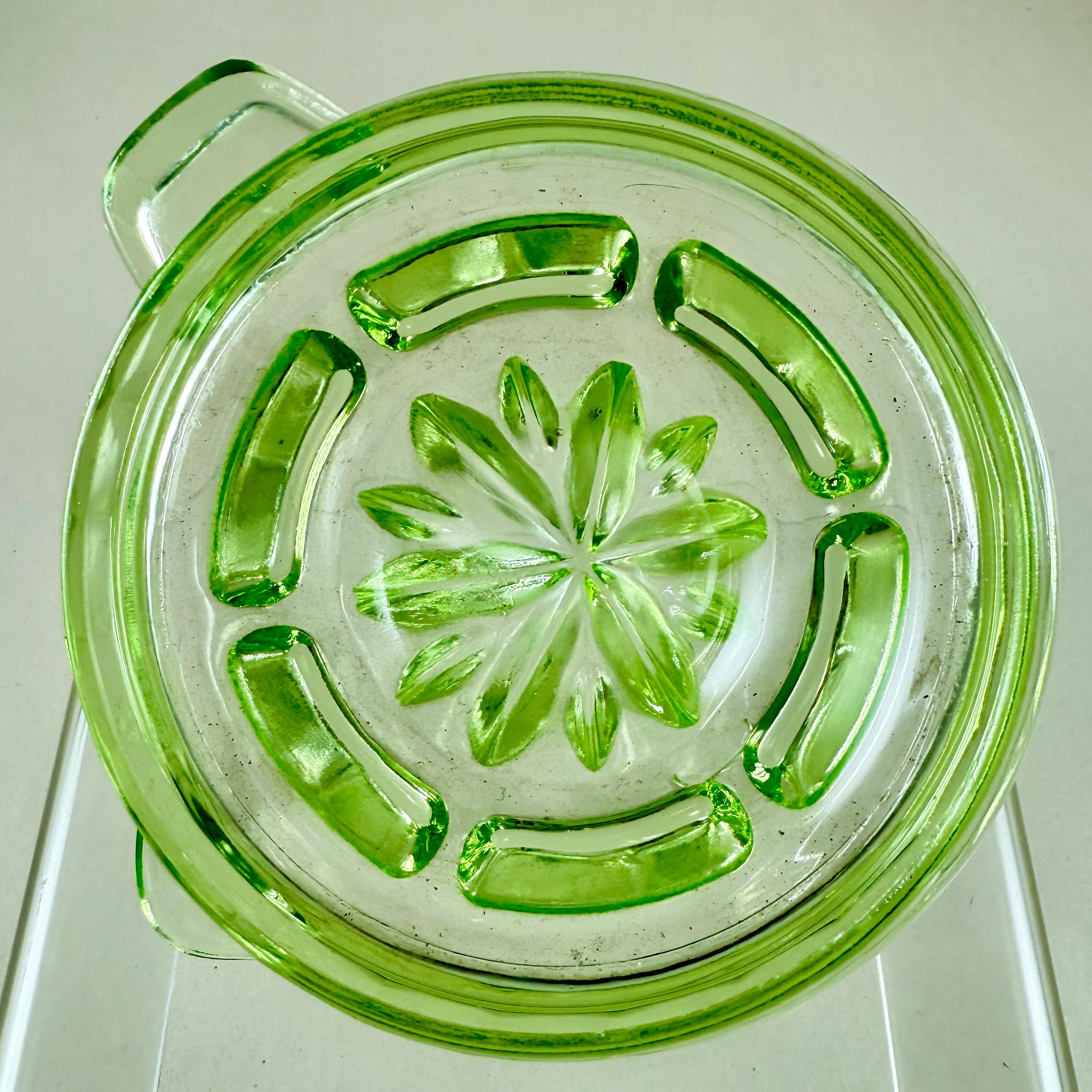 1930s Green Uranium Glass Citrus Reamer or Juicer For Sale 1