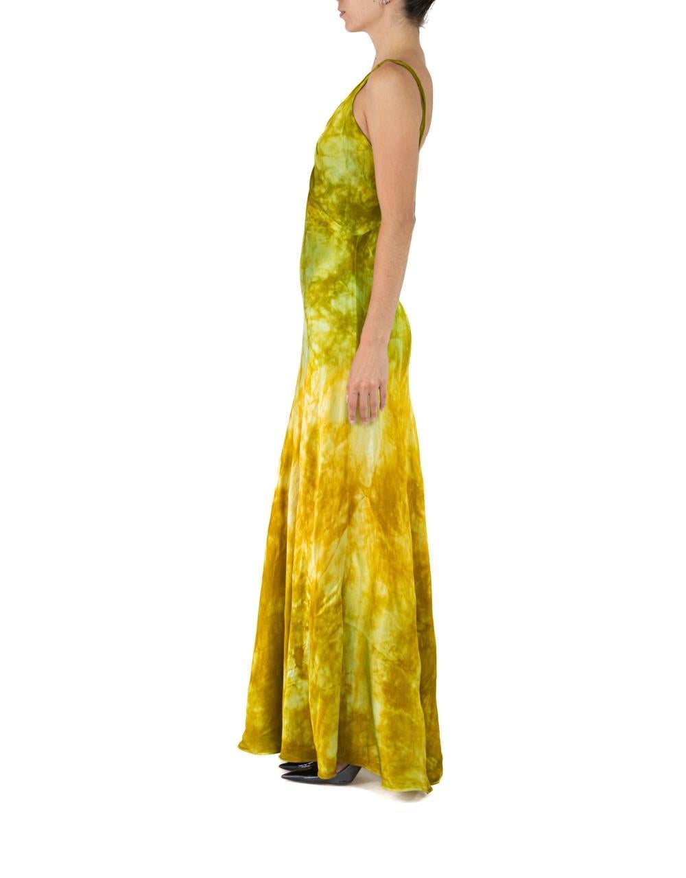 1930S Green & Yellow Silk Rayon Tie Dyed Gown In Excellent Condition For Sale In New York, NY