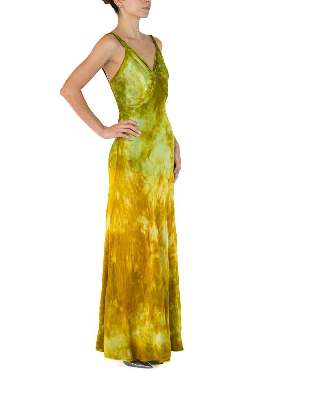 Women's 1930S Green & Yellow Silk Rayon Tie Dyed Gown For Sale