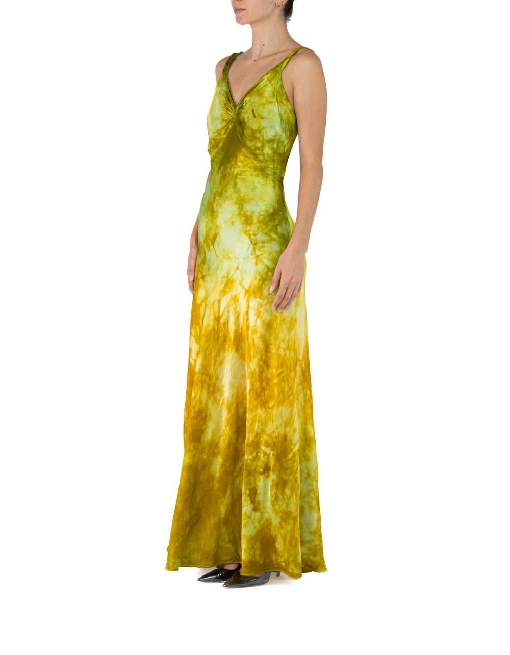 1930S Grün & Gelb Seide Rayon Krawatte gefärbt Kleid im Angebot 4