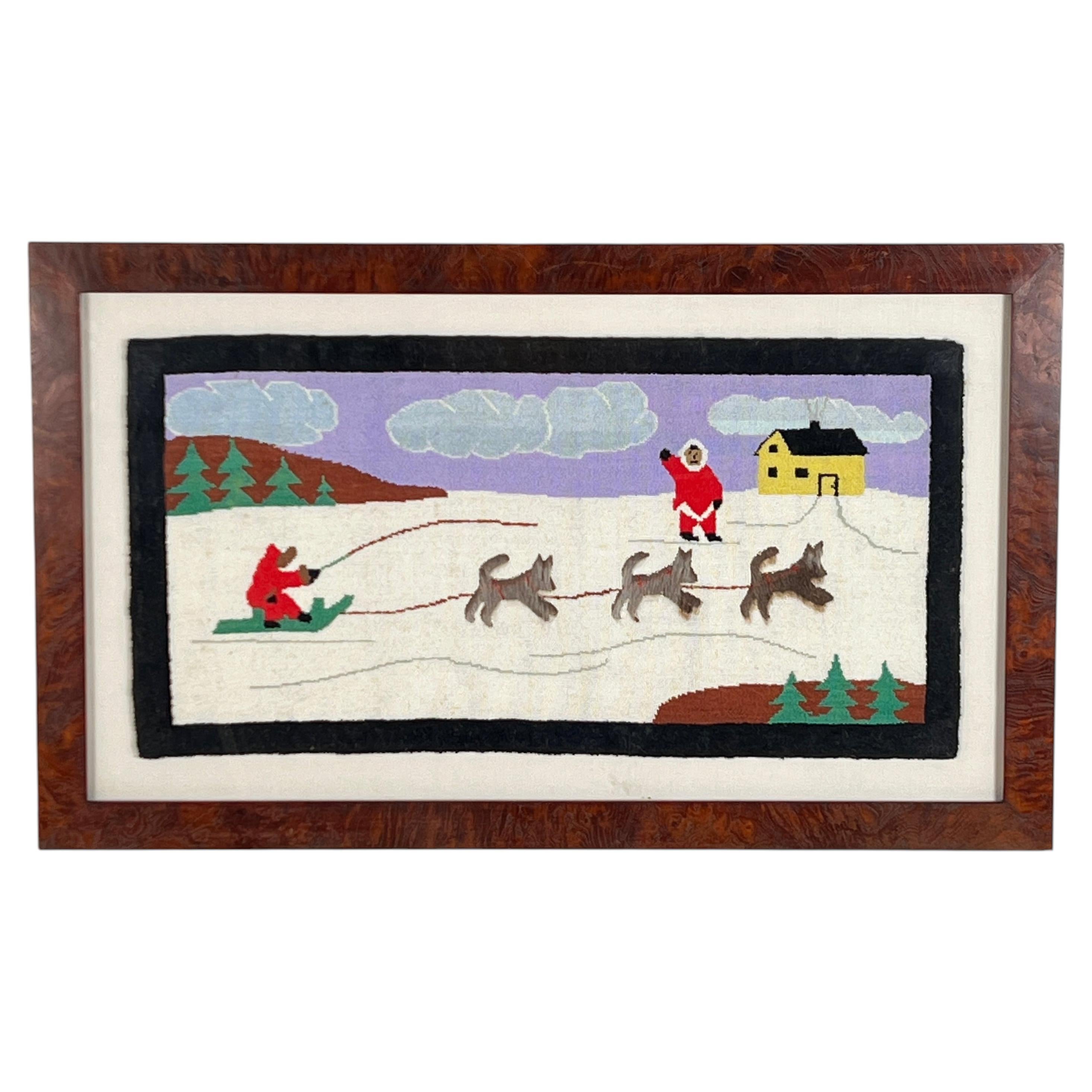 1930s Grenfell Rug of Dog Sled Team, Mounted and Framed For Sale