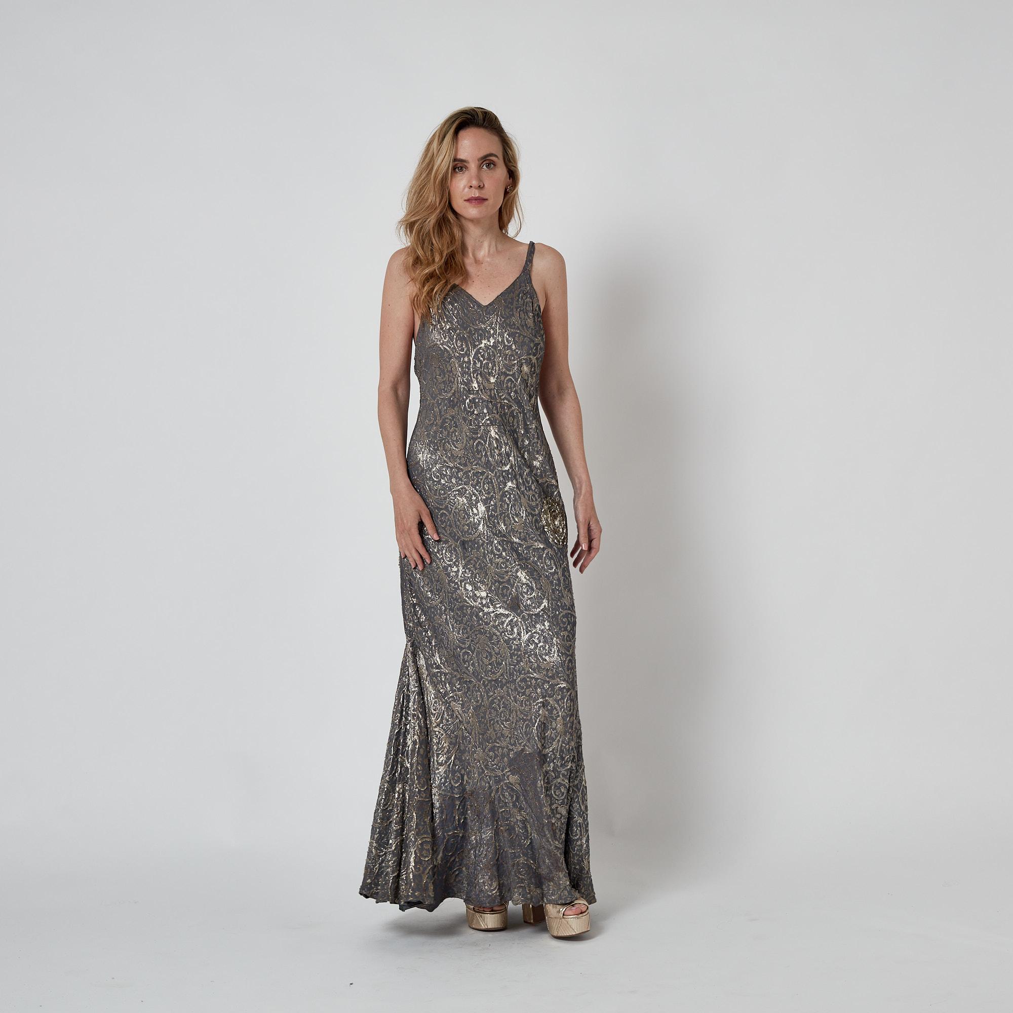 Vestido gris y dorado de los años 30 con apliques de lentejuelas en venta 2