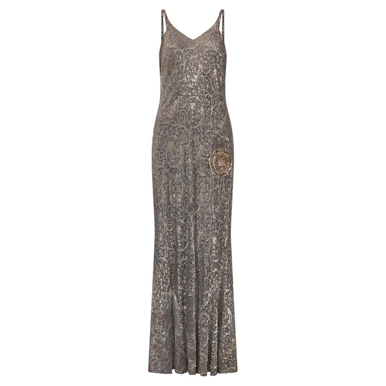 1930s Grey and Gold Lame Dress with Sequin Appliques