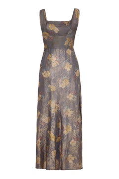 1930s Grey and Gold Lame Floral Print Dress