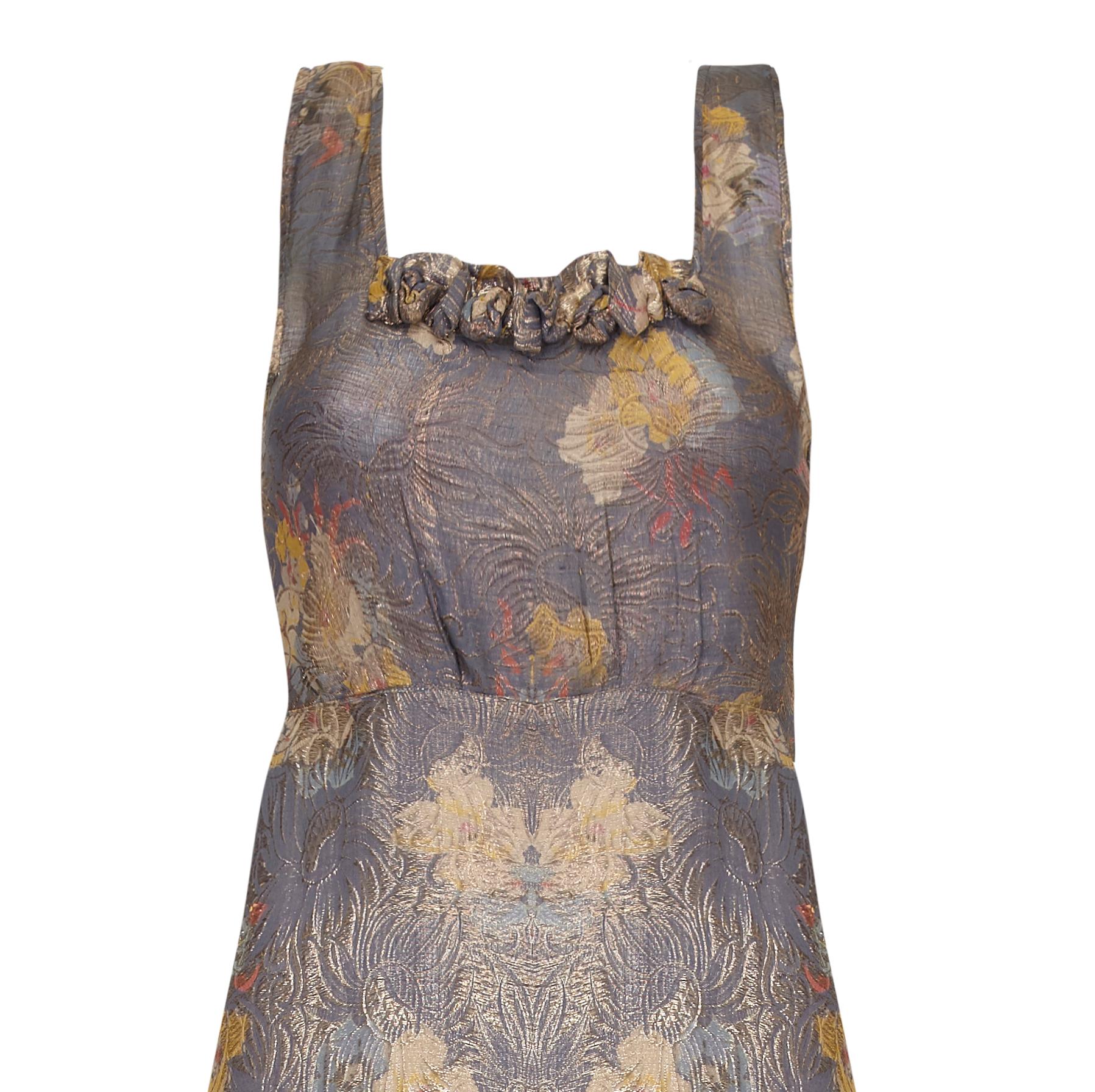 Gray 1930s Grey and Gold Lame Floral Print Dress For Sale