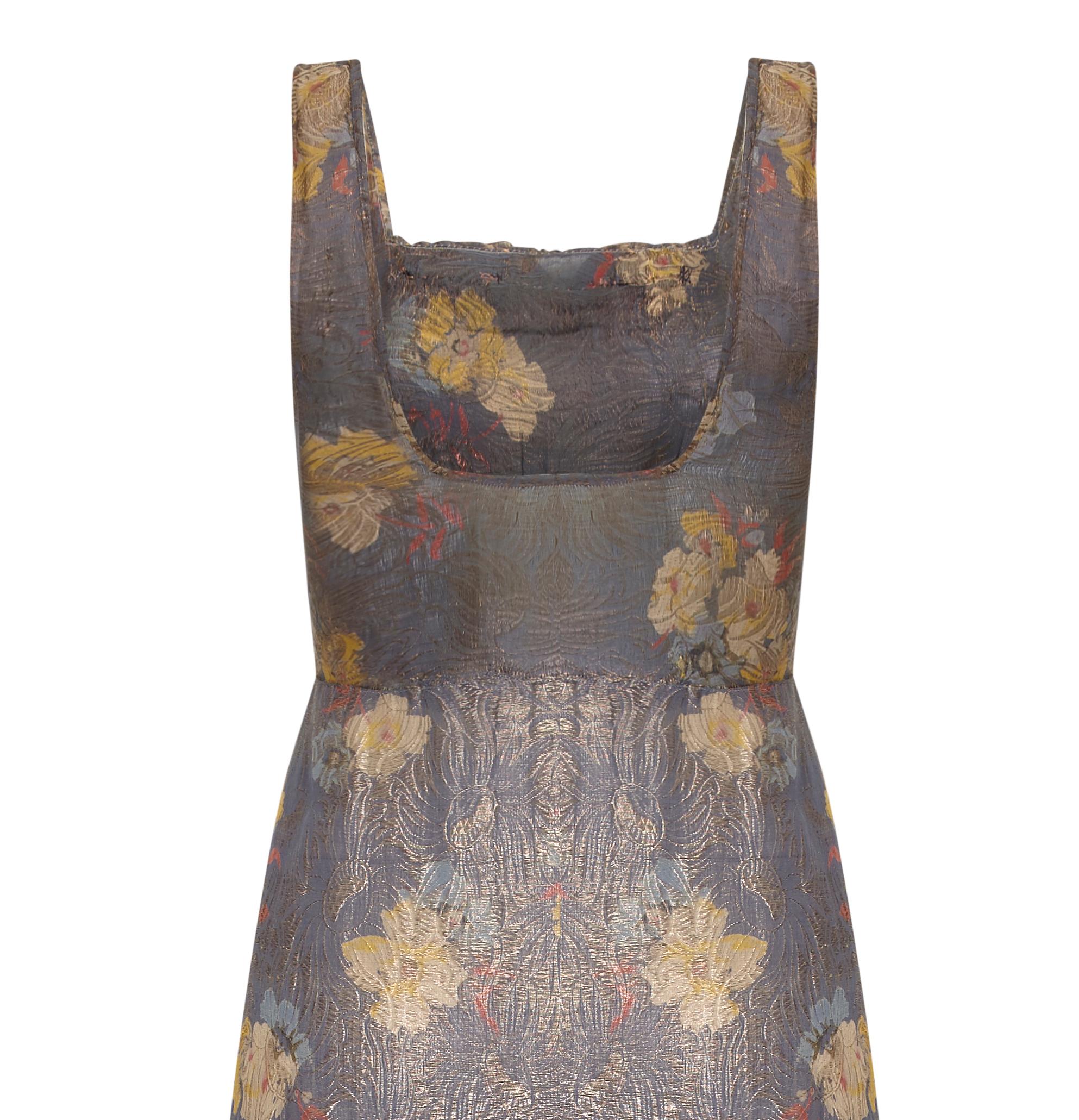 1930s Grey and Gold Lame Floral Print Dress In Excellent Condition For Sale In London, GB