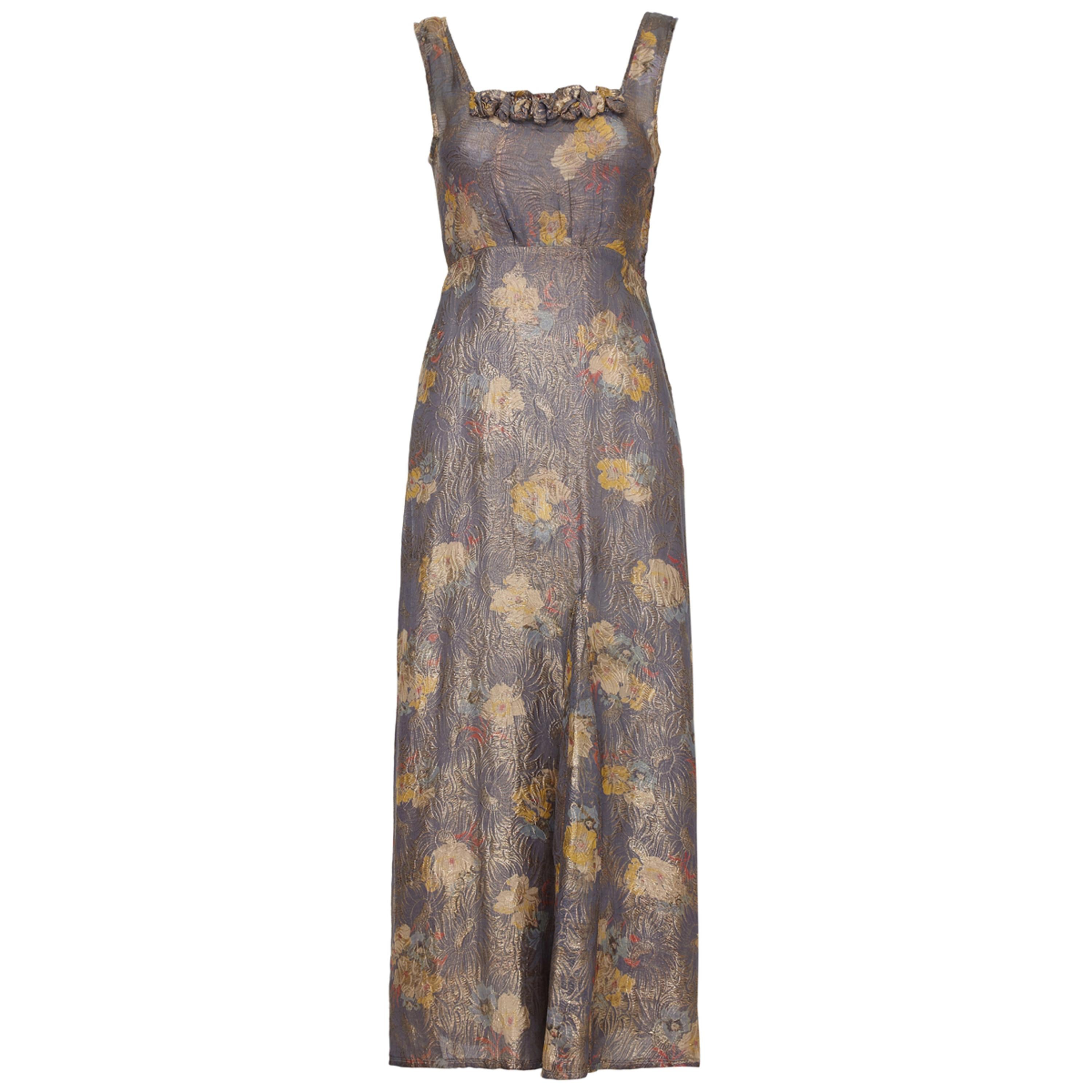 1930s Grey and Gold Lame Floral Print Dress For Sale