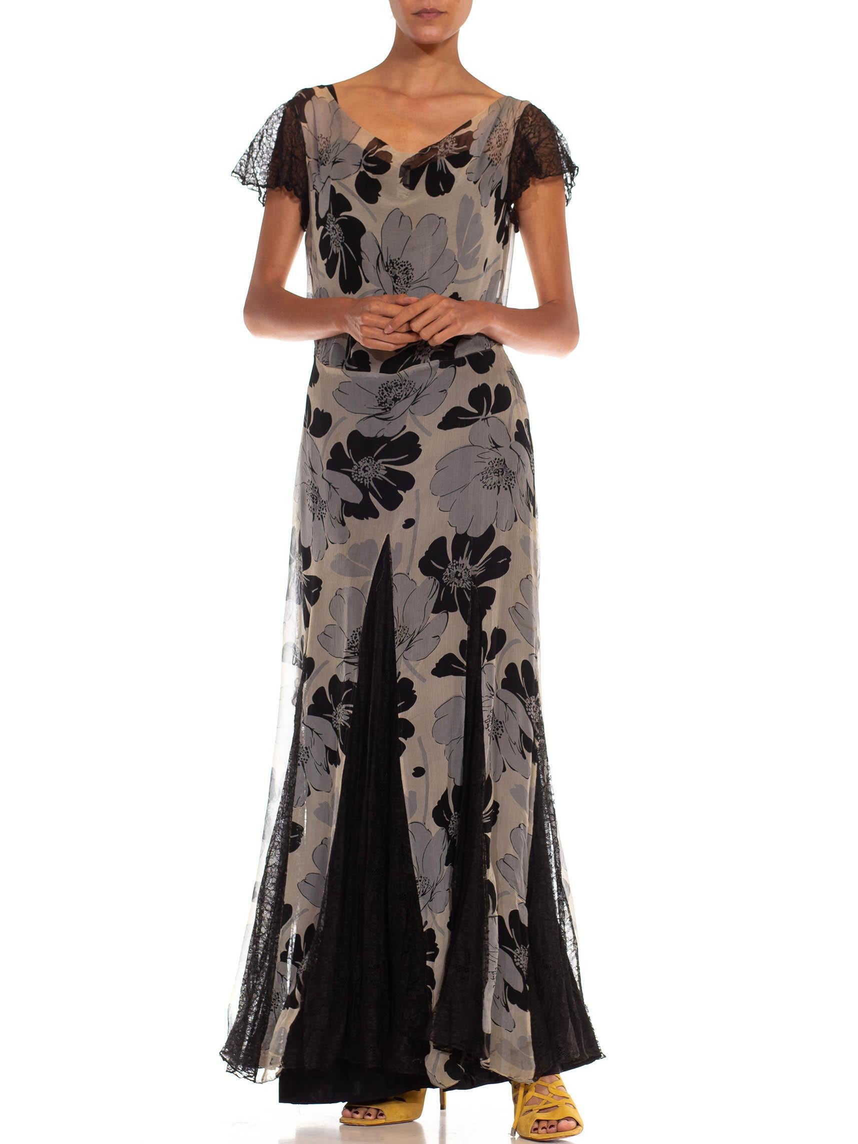 1930S Grey & Black Silk Chiffon Floral Dress For Sale 3