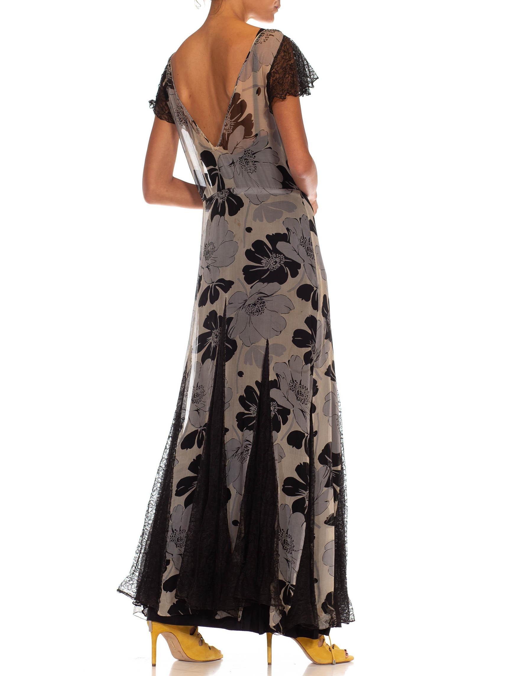1930S Grey & Black Silk Chiffon Floral Dress For Sale 4