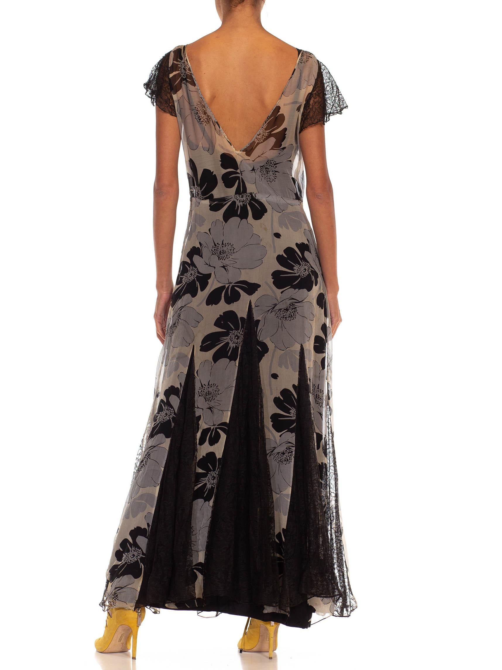 1930S Grey & Black Silk Chiffon Floral Dress For Sale 6