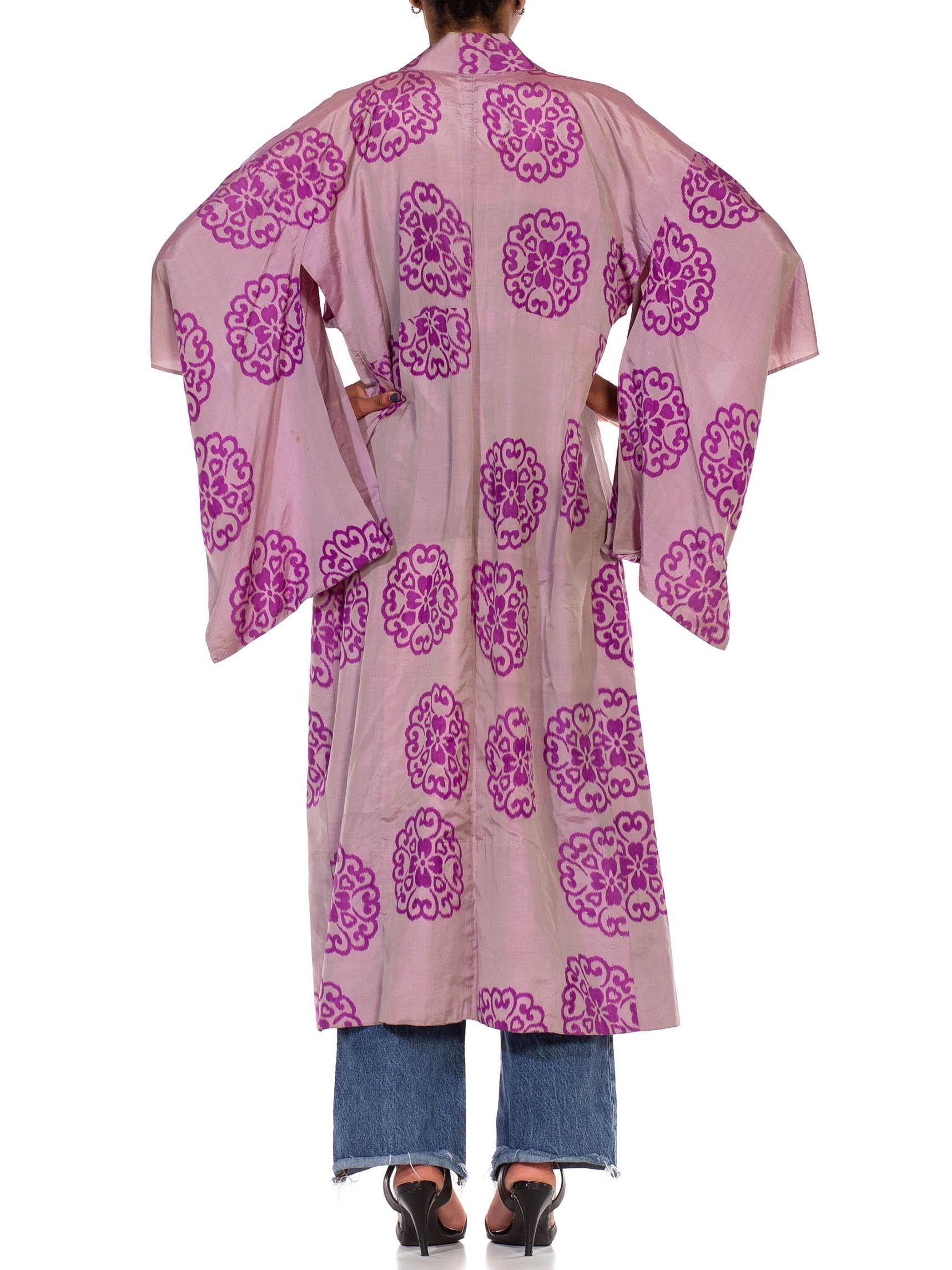 1930S Grau & Lila Hand gewebt Seide Ikat Kimono