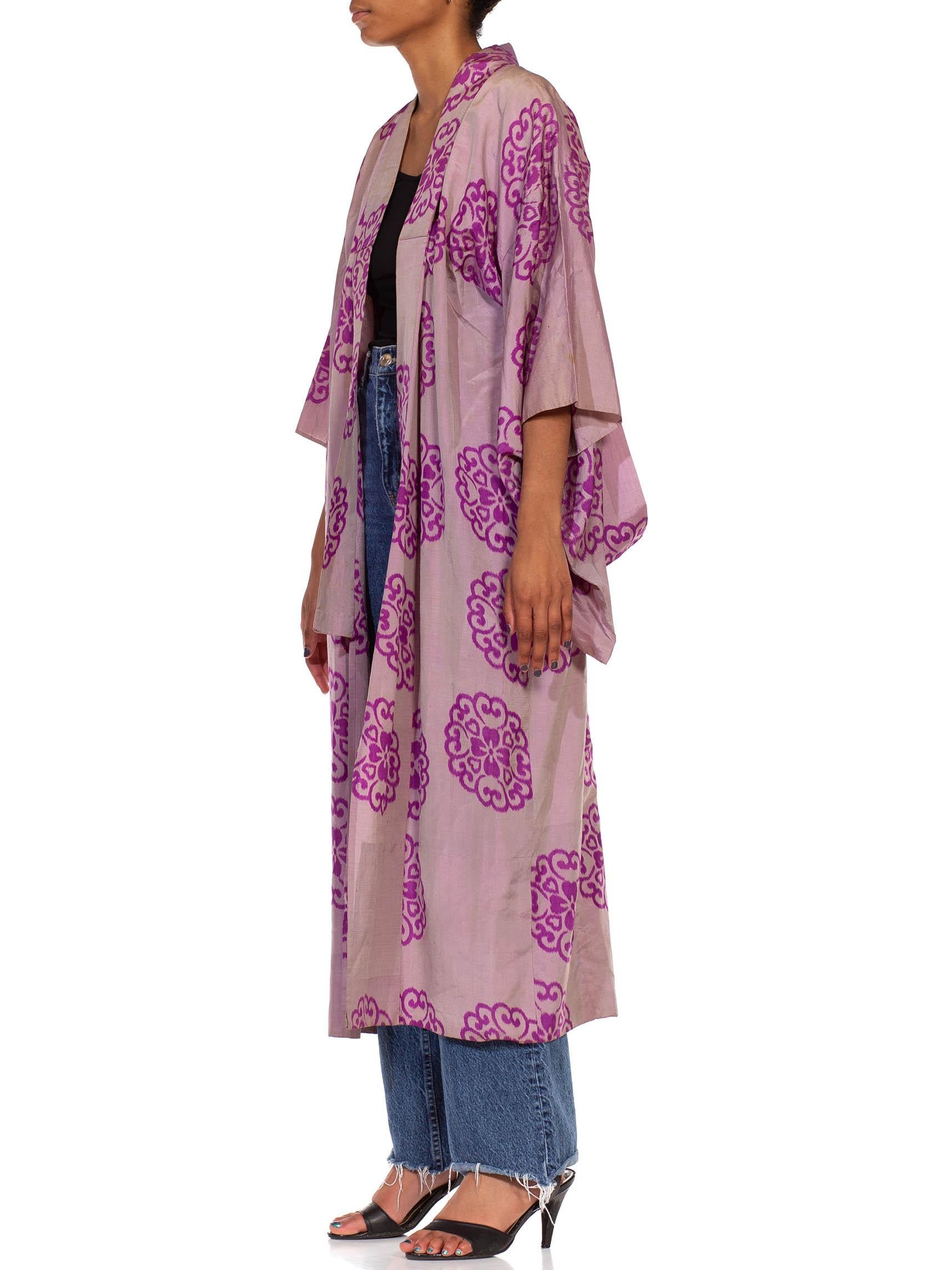 1930S Grey & Purple Hand Woven Silk Ikat Kimono For Sale 1