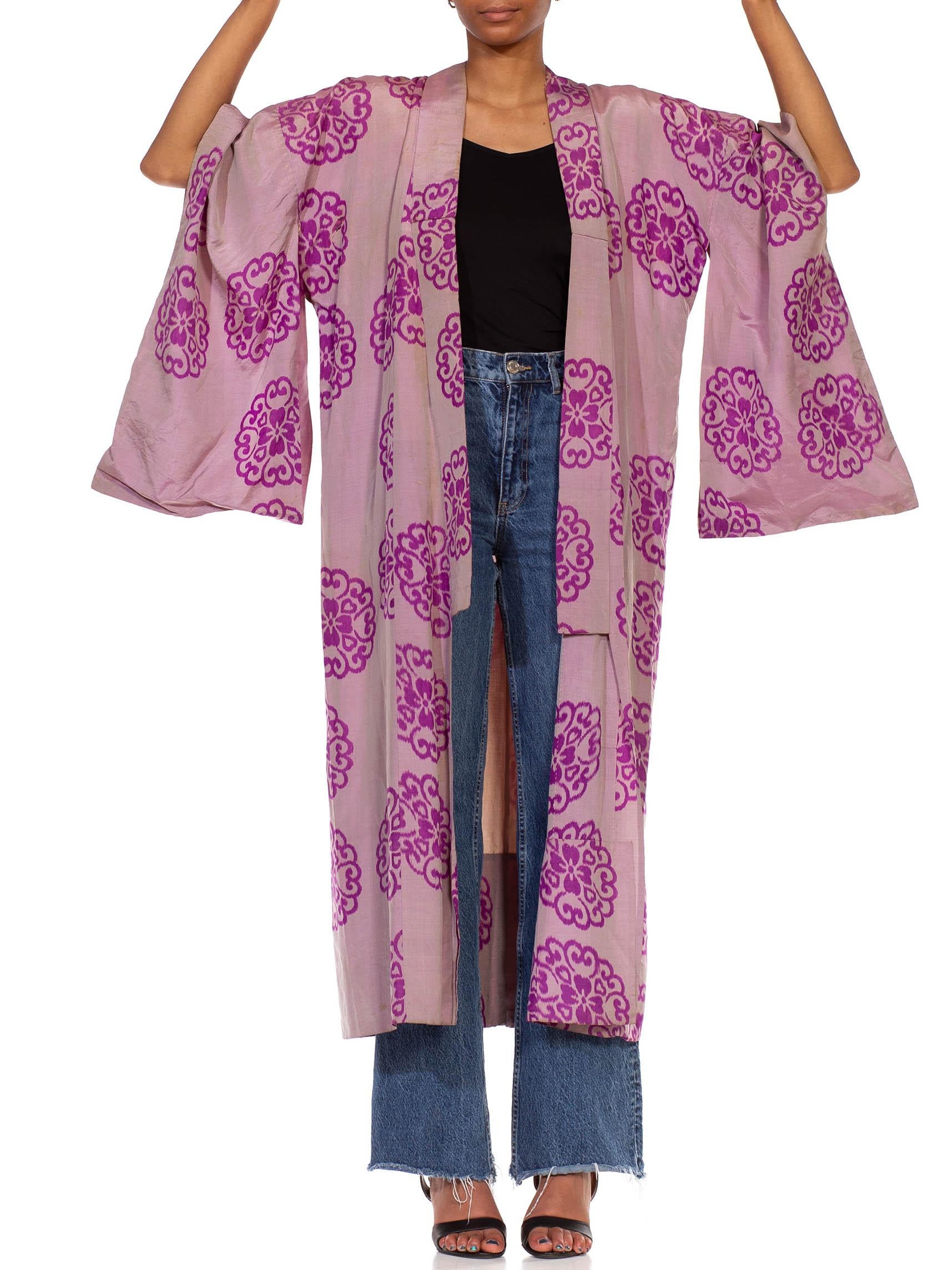 1930S Grey & Purple Hand Woven Silk Ikat Kimono For Sale 2