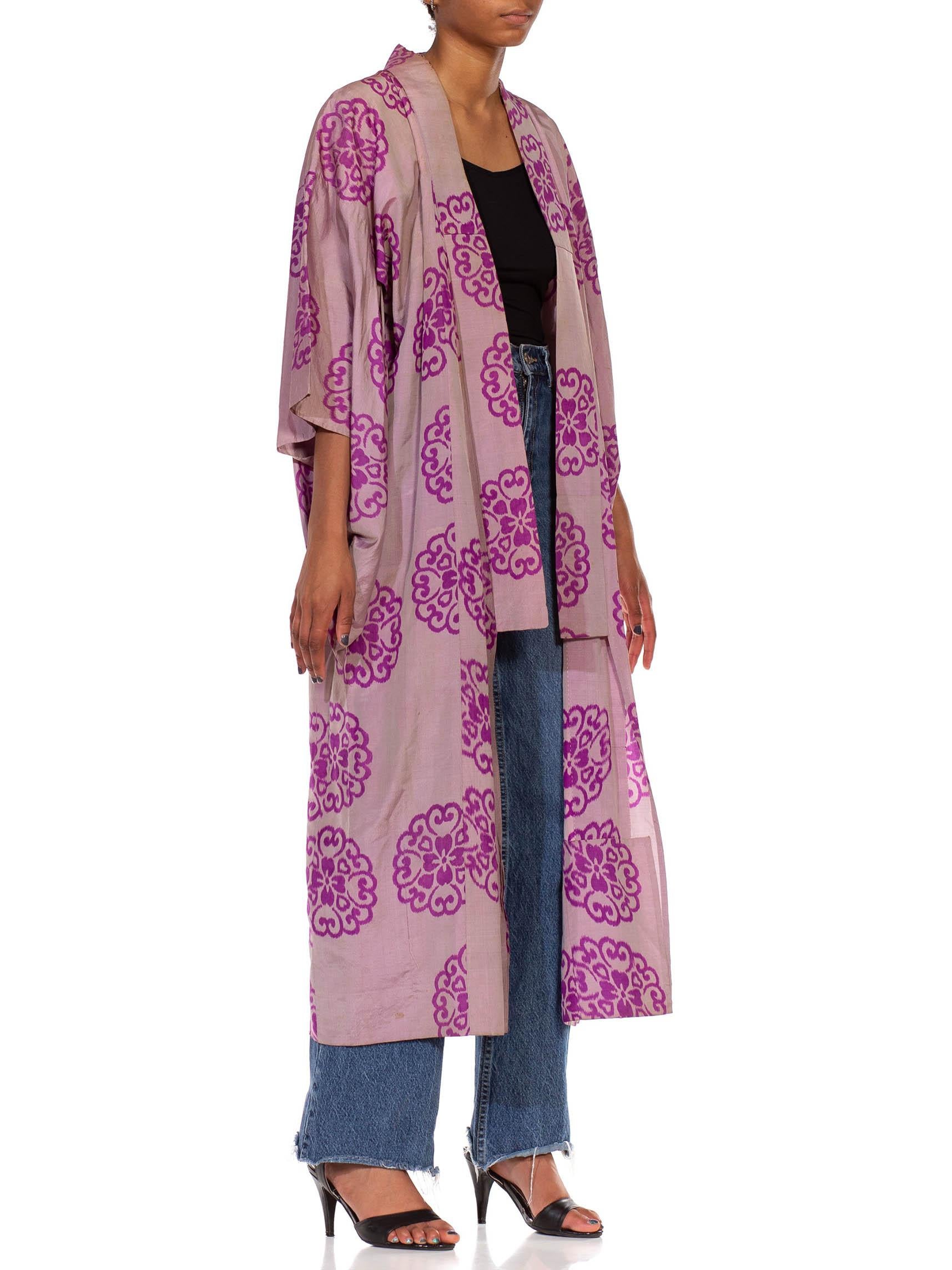 1930S Grey & Purple Hand Woven Silk Ikat Kimono For Sale 4