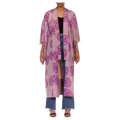 Kimono en soie Ikat gris et violet tissé à la main des années 1930