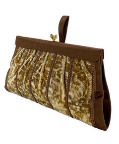1930s Gucci Brown Silk Satin Velvet Floral Wristlet Kisslock Clutch