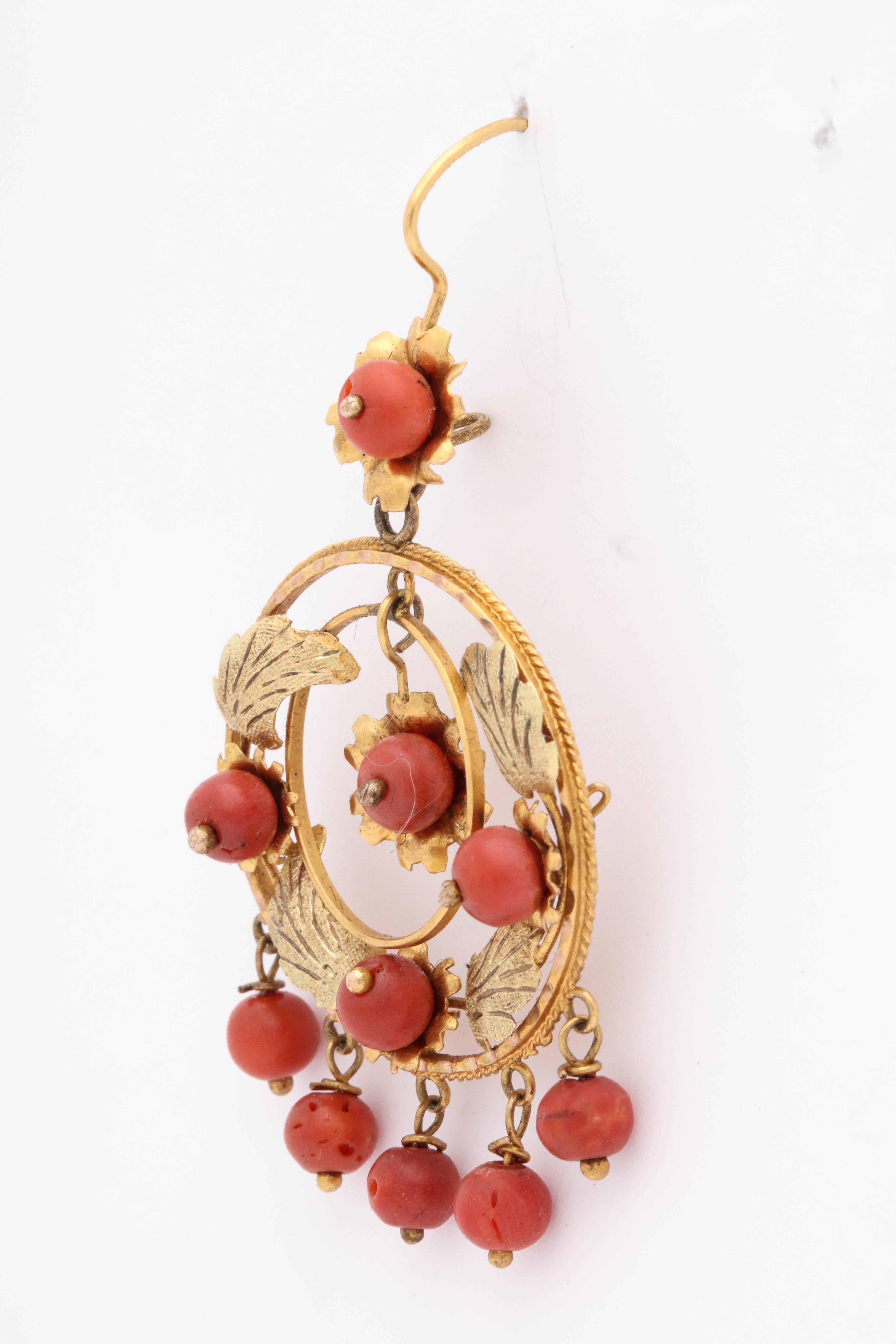 Women's 1930s Gypsy Style Coral Beads and Gold Hanging Flexible and Moveable Earrings