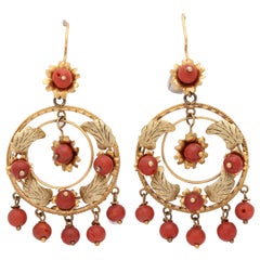 1930s Gypsy Style Coral Beads and Gold Hanging Flexible and Moveable Earrings