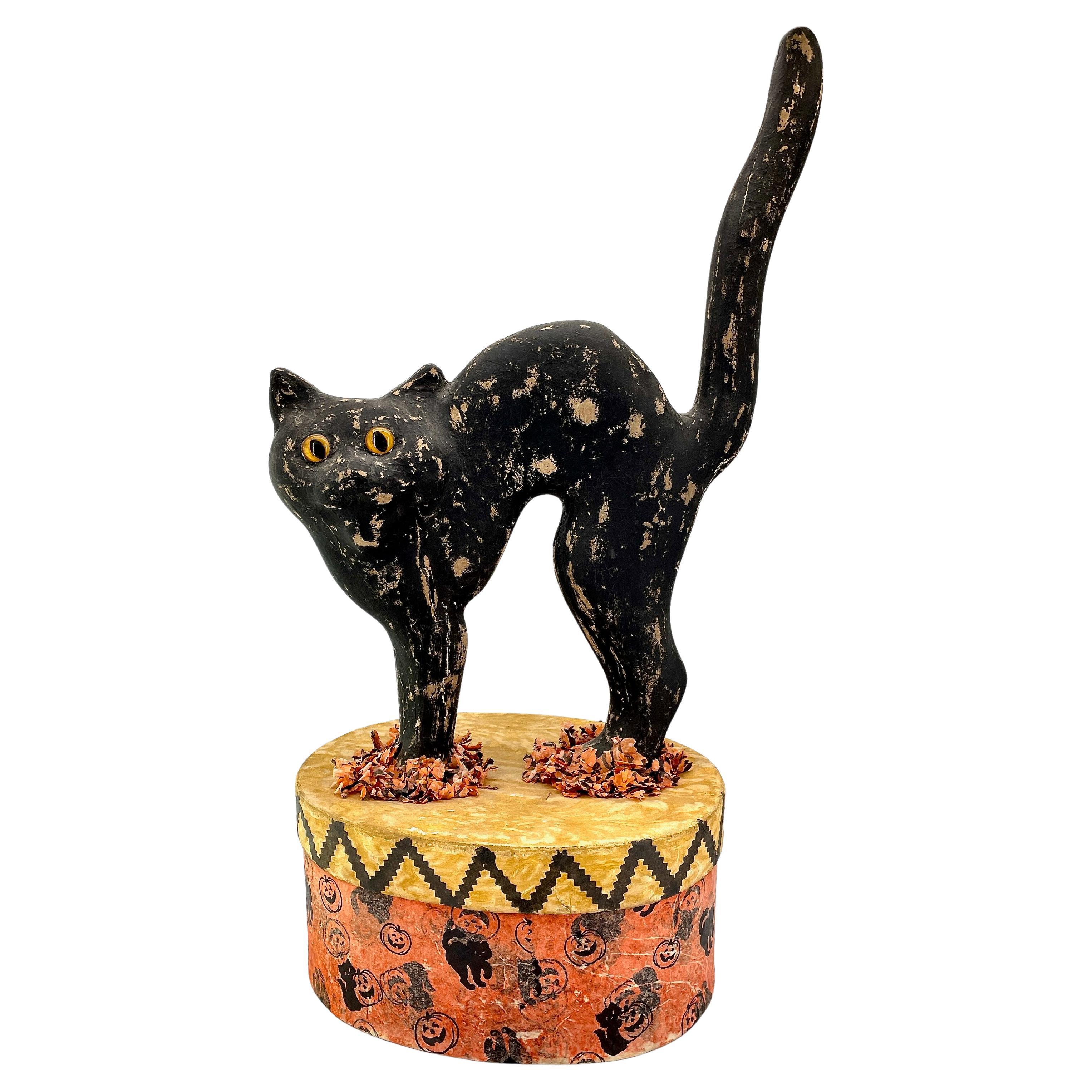 1930s Hallloween Papier Mache Black Cat Candy Box Rare American Mid-Century