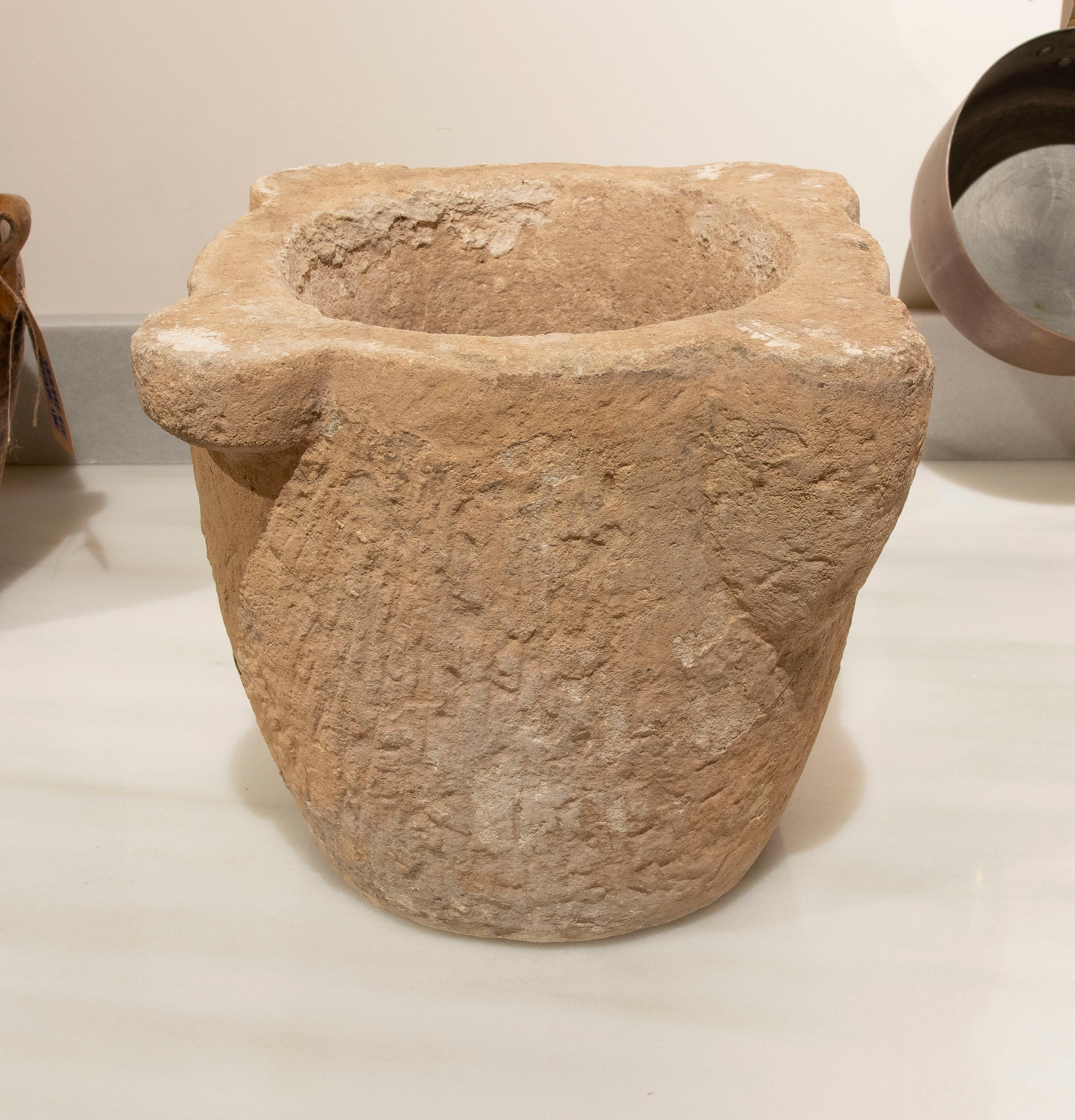 Spanish 1930s Hand Carved Pharmacy Stone Mortar For Sale