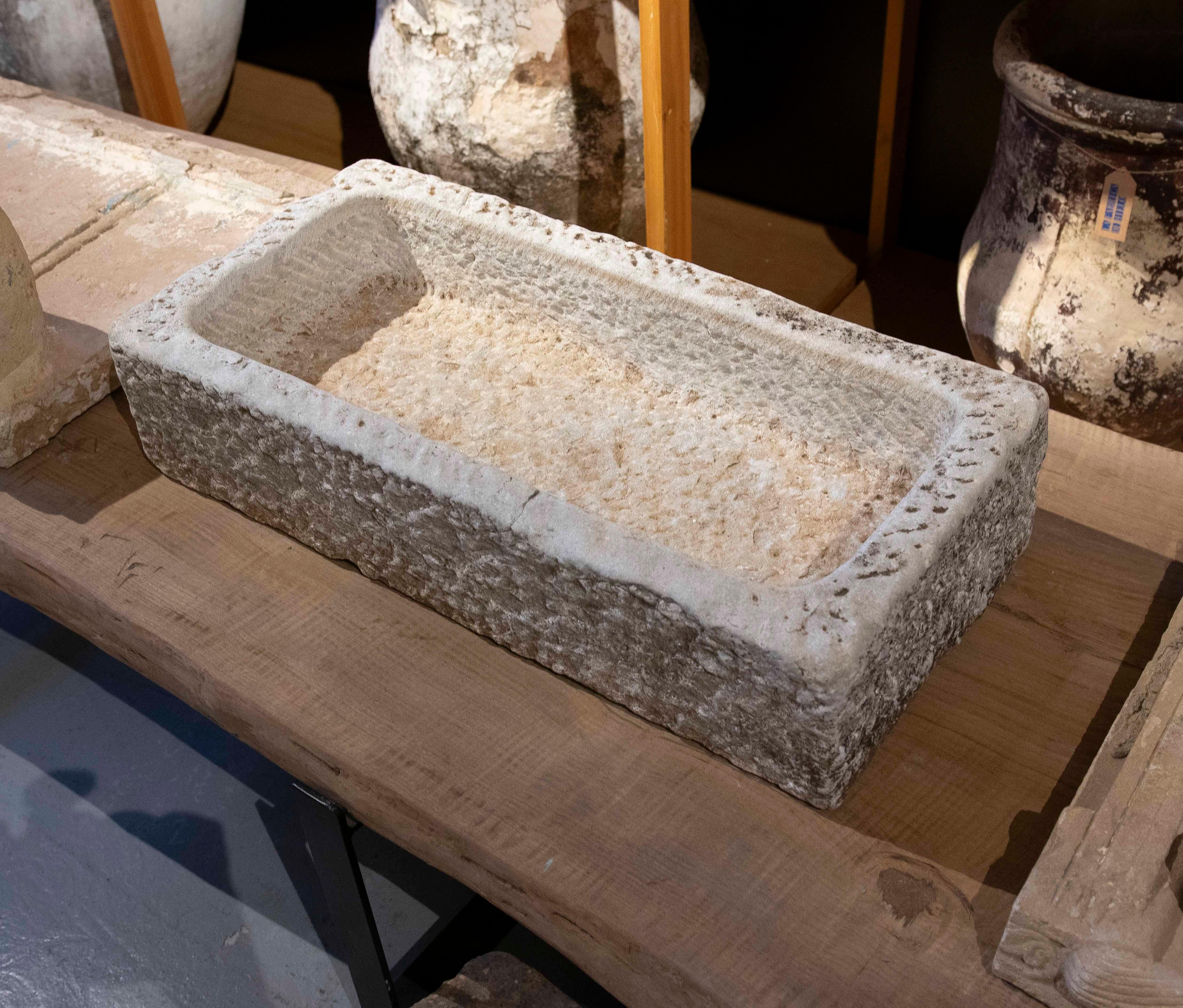 1930s Hand Carved Spanish Rectangular Stone Flower Pot 6
