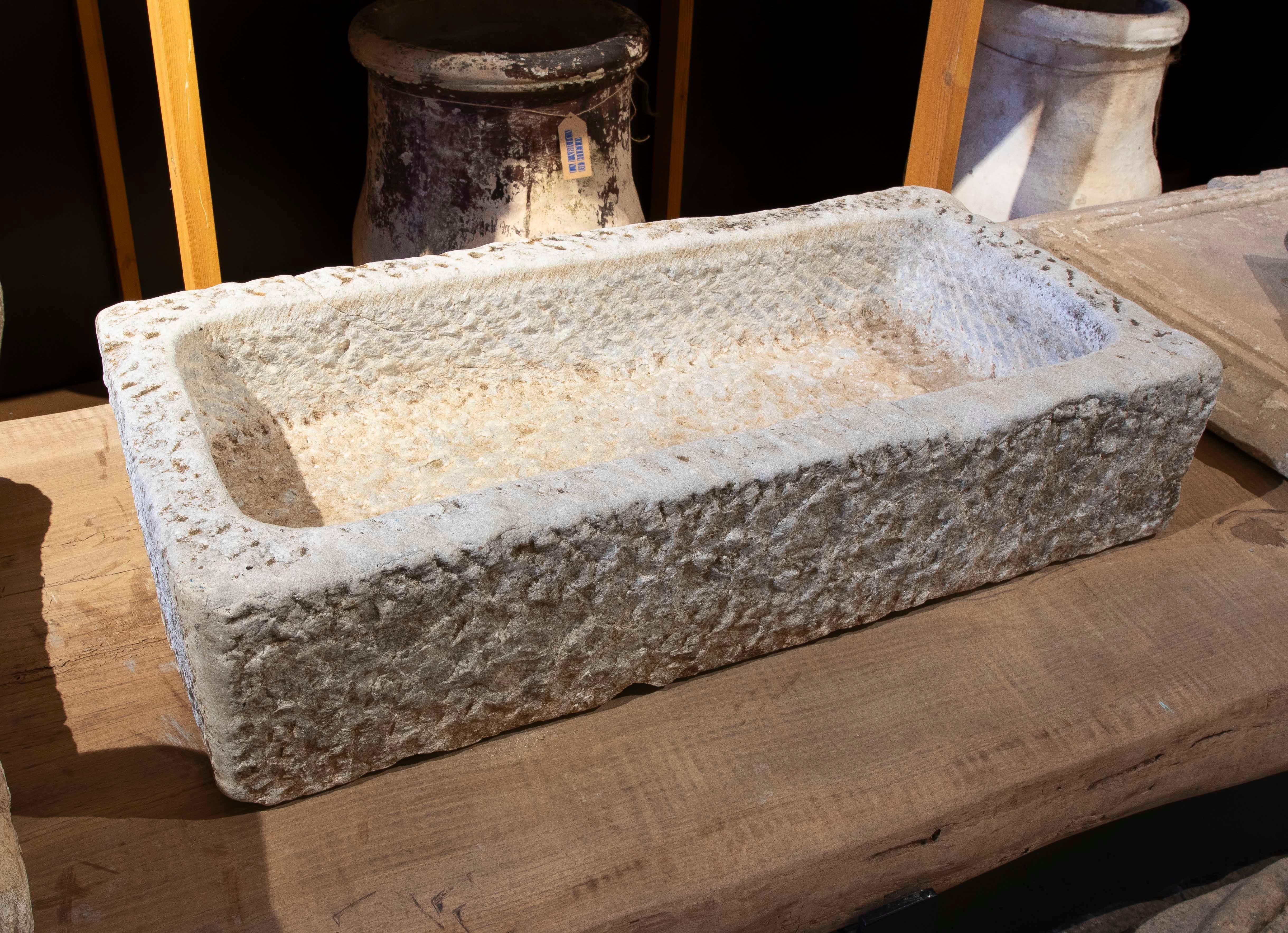 1930s Hand Carved Spanish Rectangular Stone Flower Pot 