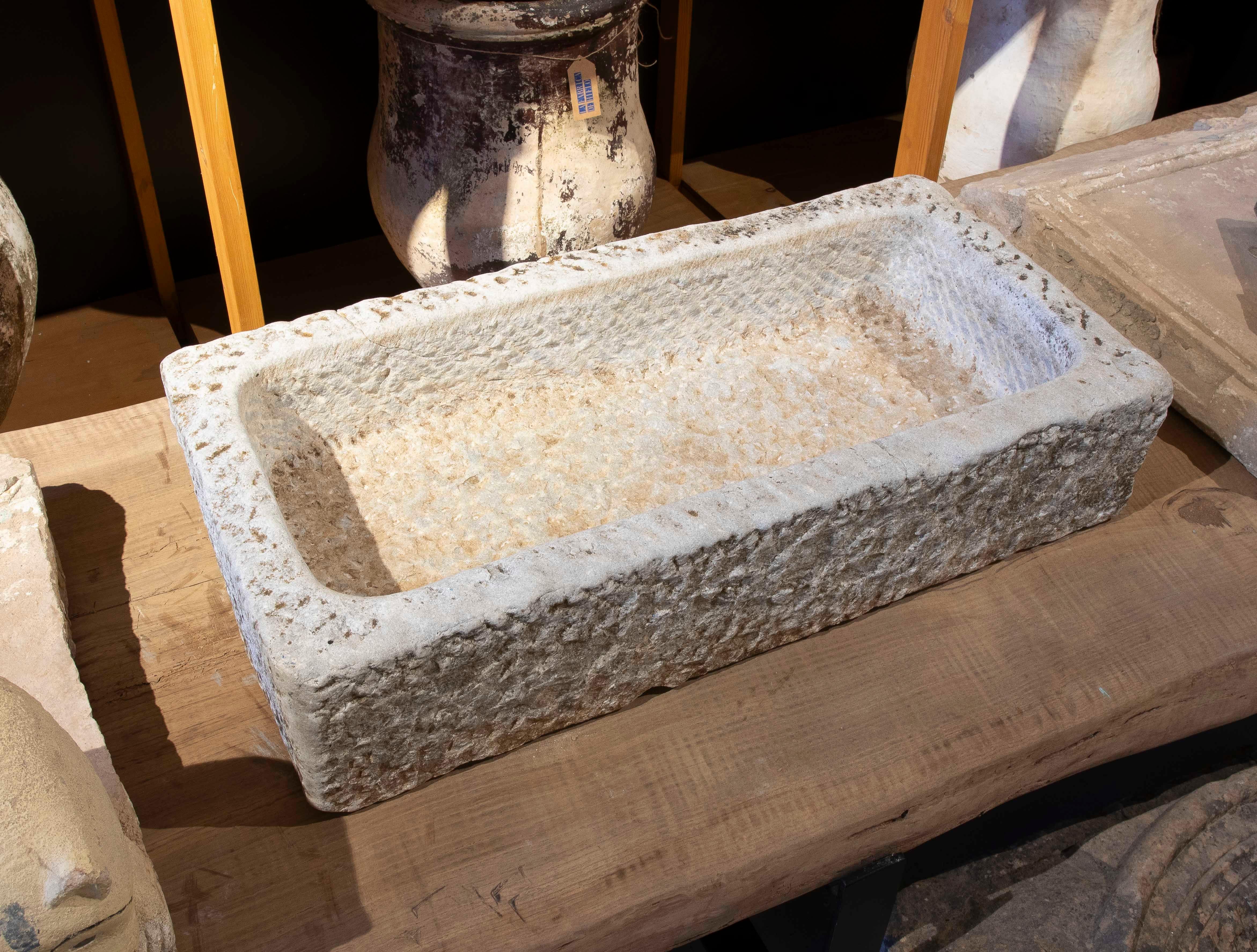 Hand-Carved 1930s Hand Carved Spanish Rectangular Stone Flower Pot