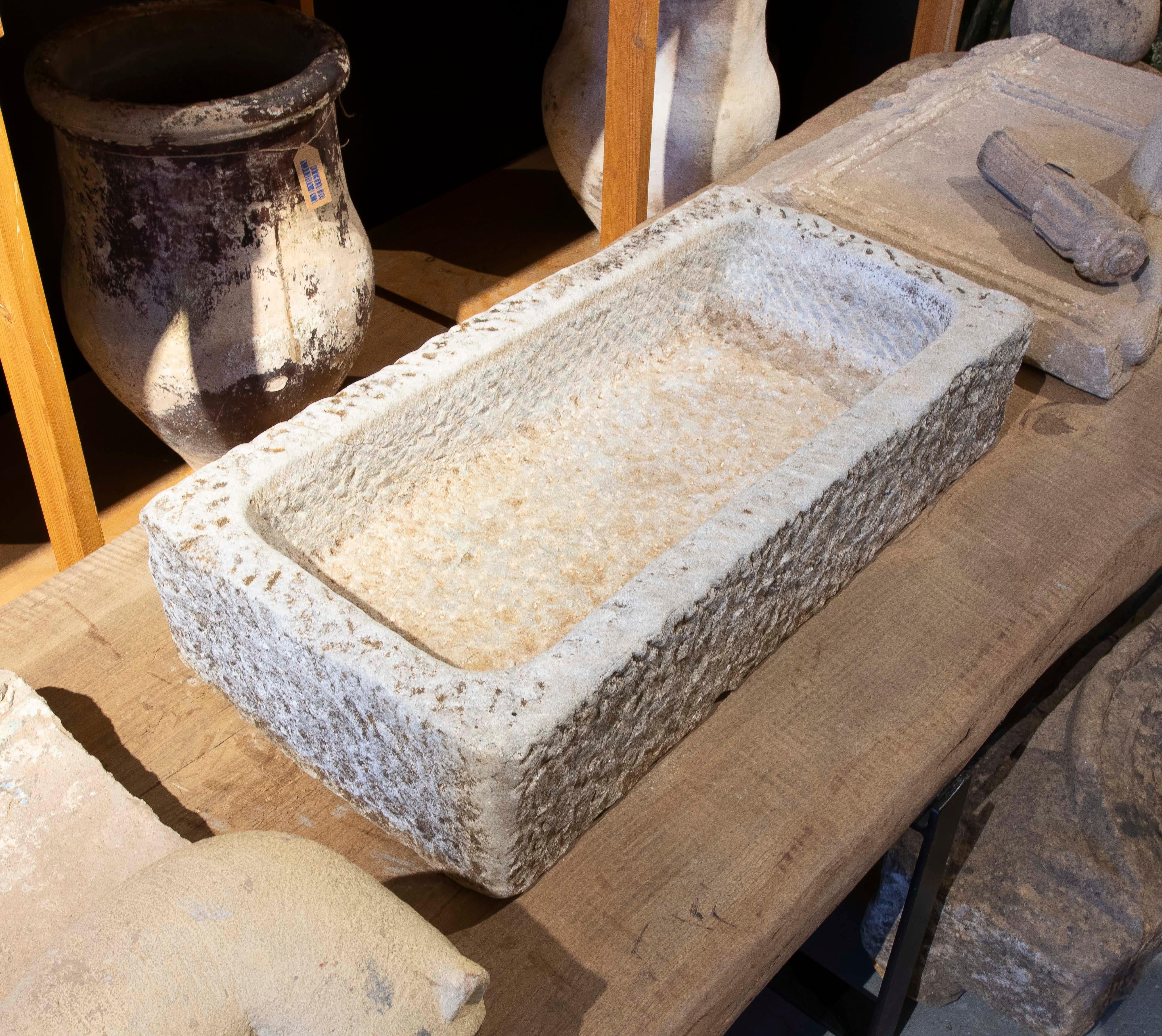 1930s Hand Carved Spanish Rectangular Stone Flower Pot In Good Condition In Marbella, ES