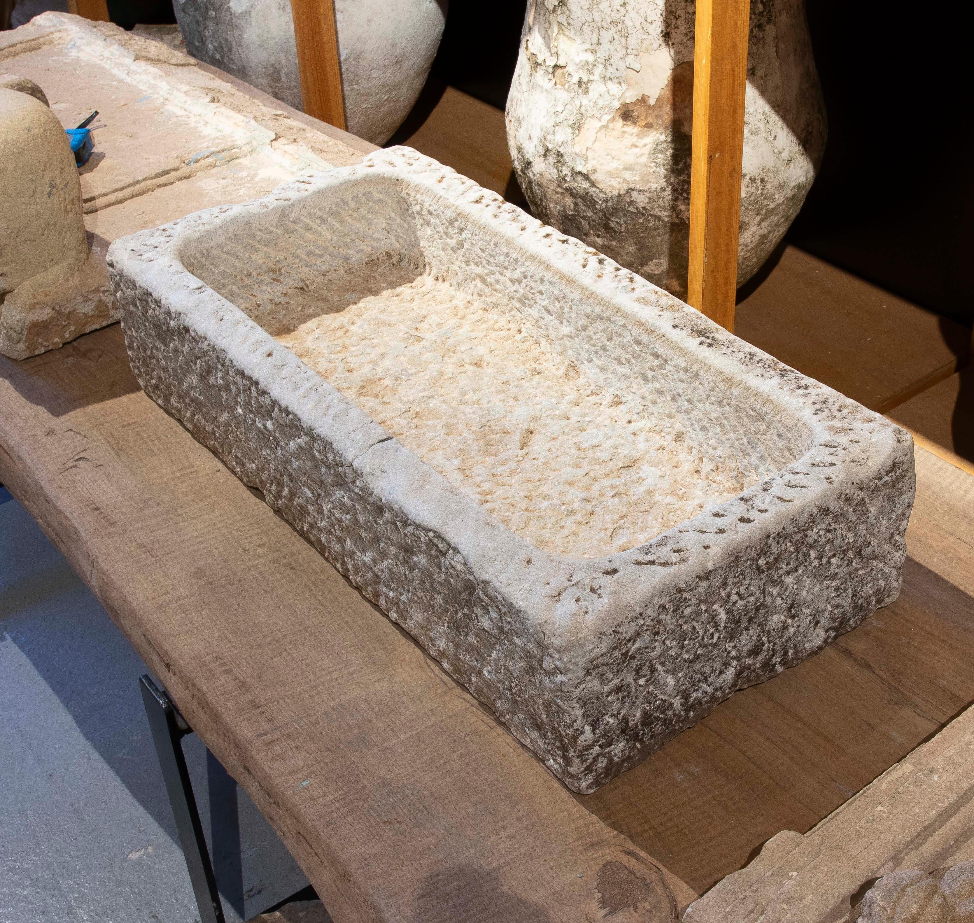 20th Century 1930s Hand Carved Spanish Rectangular Stone Flower Pot