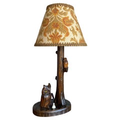 1930s Hand Carved Wooden Black Forest Owls and Tree Trunk Table / Desk Lamp