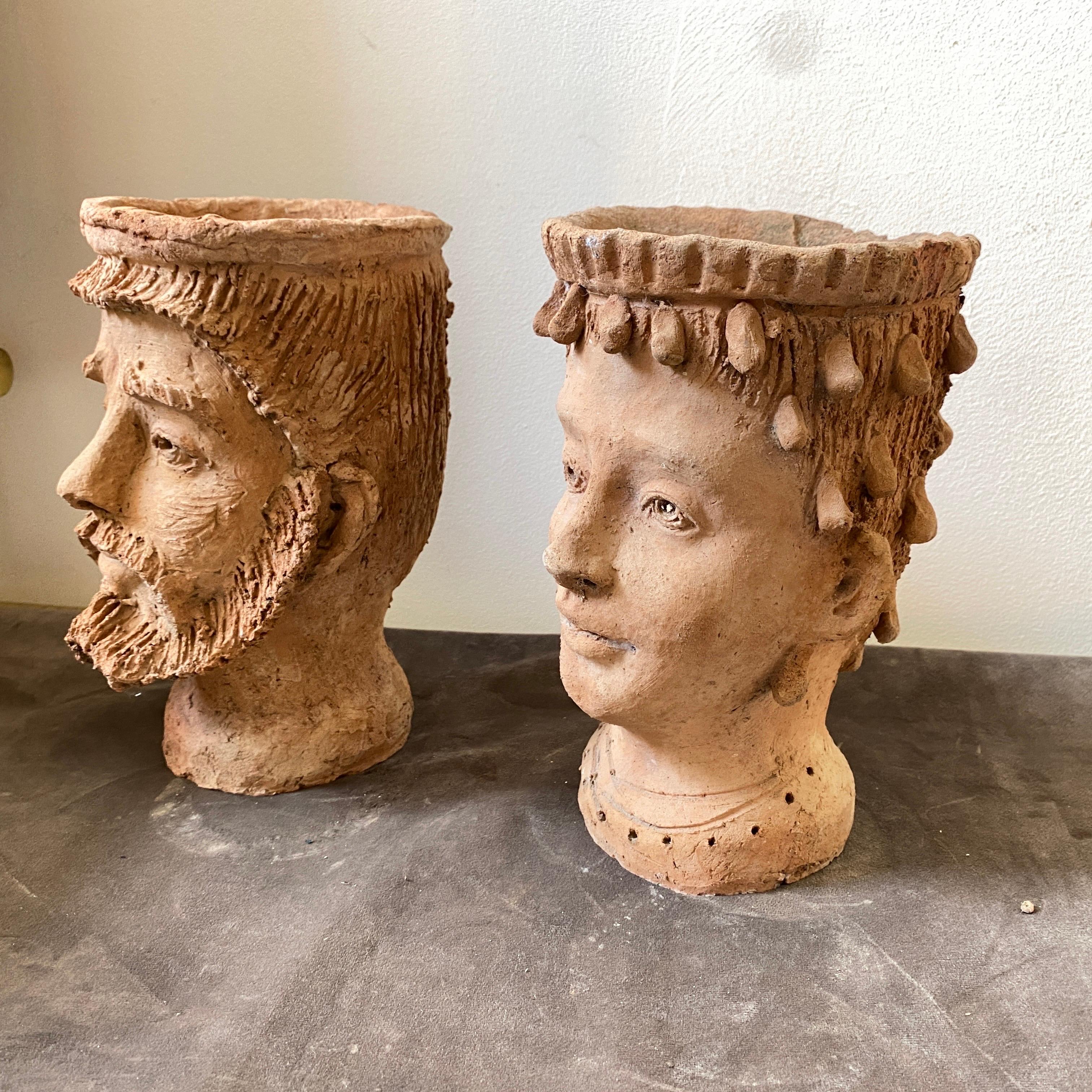 1930s Hand-Crafted Terracotta Sicilian Moro Head Vases 9