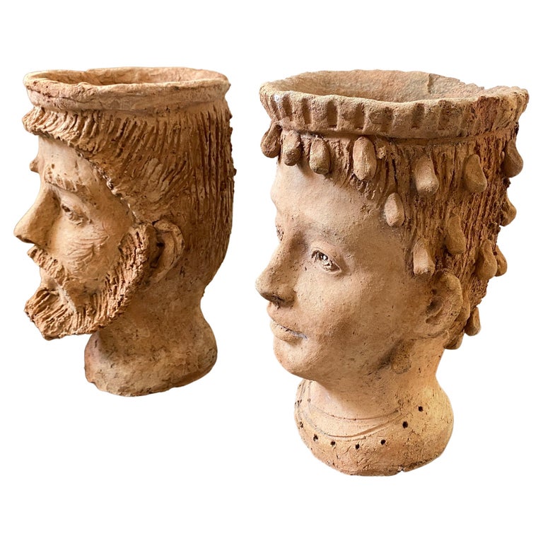 1930s HandCrafted Terracotta Sicilian Moro Head Vases at 1stDibs