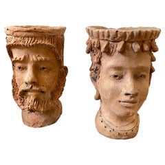 1930s Hand-Crafted Terracotta Sicilian Moro Head Vases