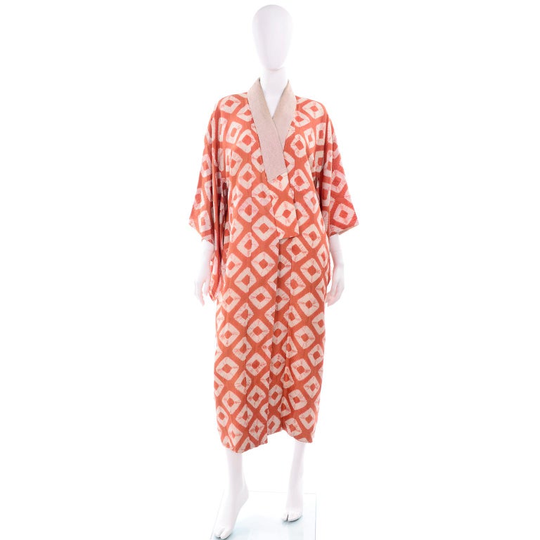 1930s Hand Dyed Kimono Japanese Shibori Silk Orange Minimalist Robe or ...