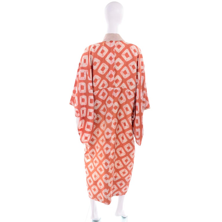 1930s Hand Dyed Kimono Japanese Shibori Silk Orange Minimalist Robe or